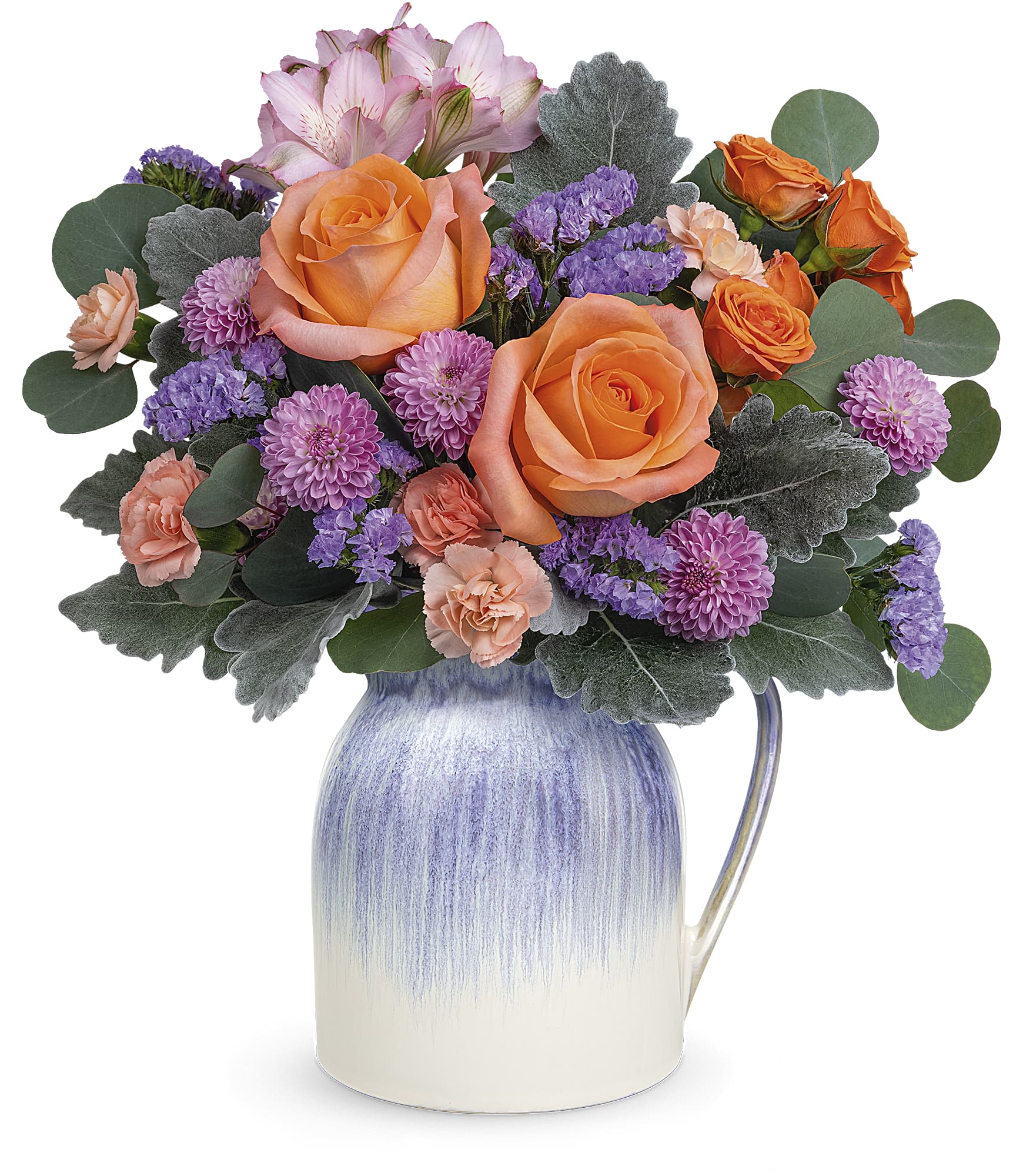 Delightful Petals Bouquet - Delightful as can be, this bright bouquet of blooms is actually two great gifts in one thanks to its food-safe ceramic pitcher with iridescent lavender glaze.