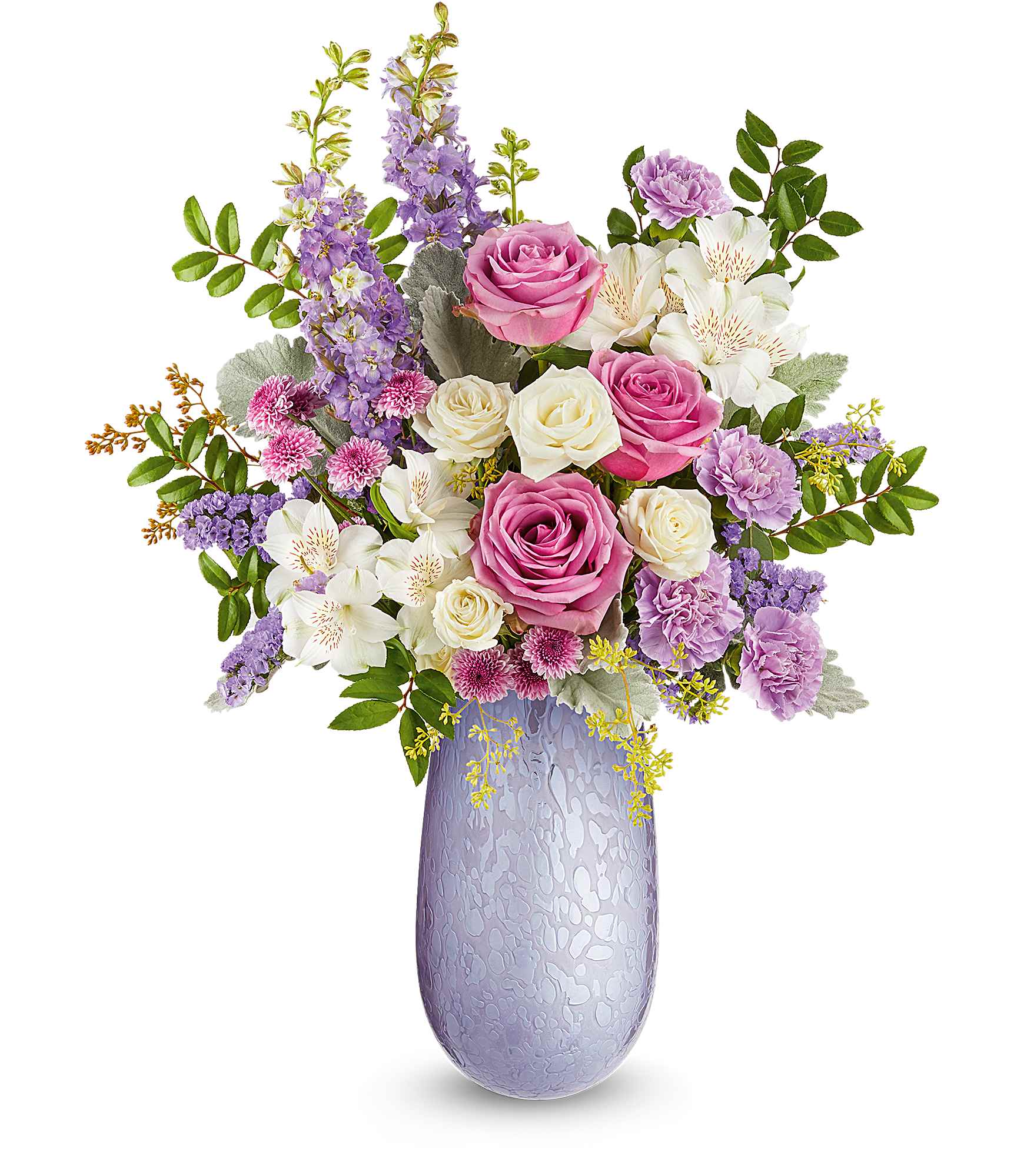 Pastel Elegance Bouquet - Surprise Mom with the timeless beauty of our Vivi vase, crafted from hand-blown art glass with an iridescent finish. A stunning keepsake, it perfectly complements a bouquet of soft, elegant blooms.