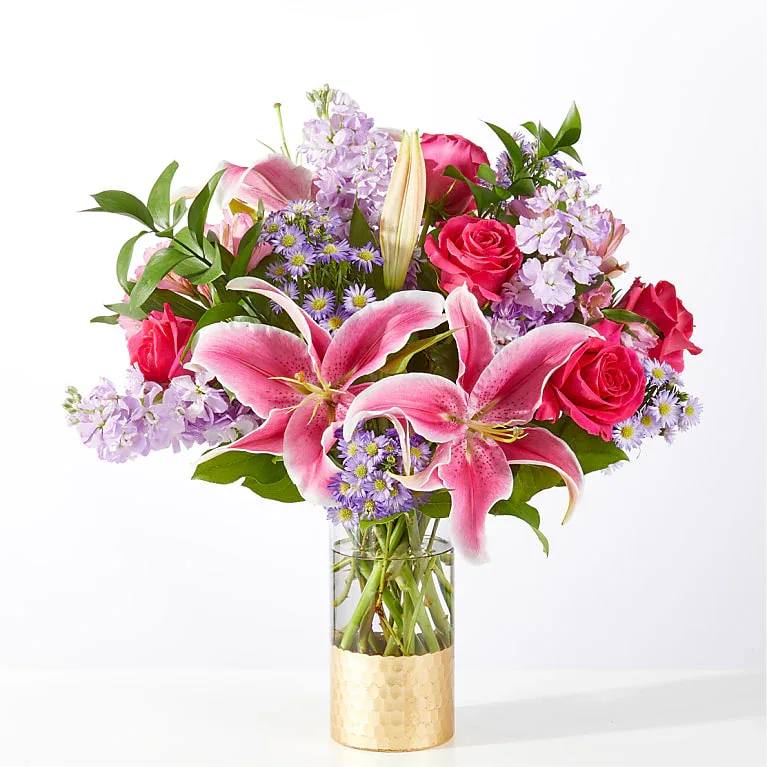 Written in the Stars Bouquet - Hot pink roses, lavender stock and pink alstroemeria are fated together in this decadent bouquet sure to enchant their day &amp; home.