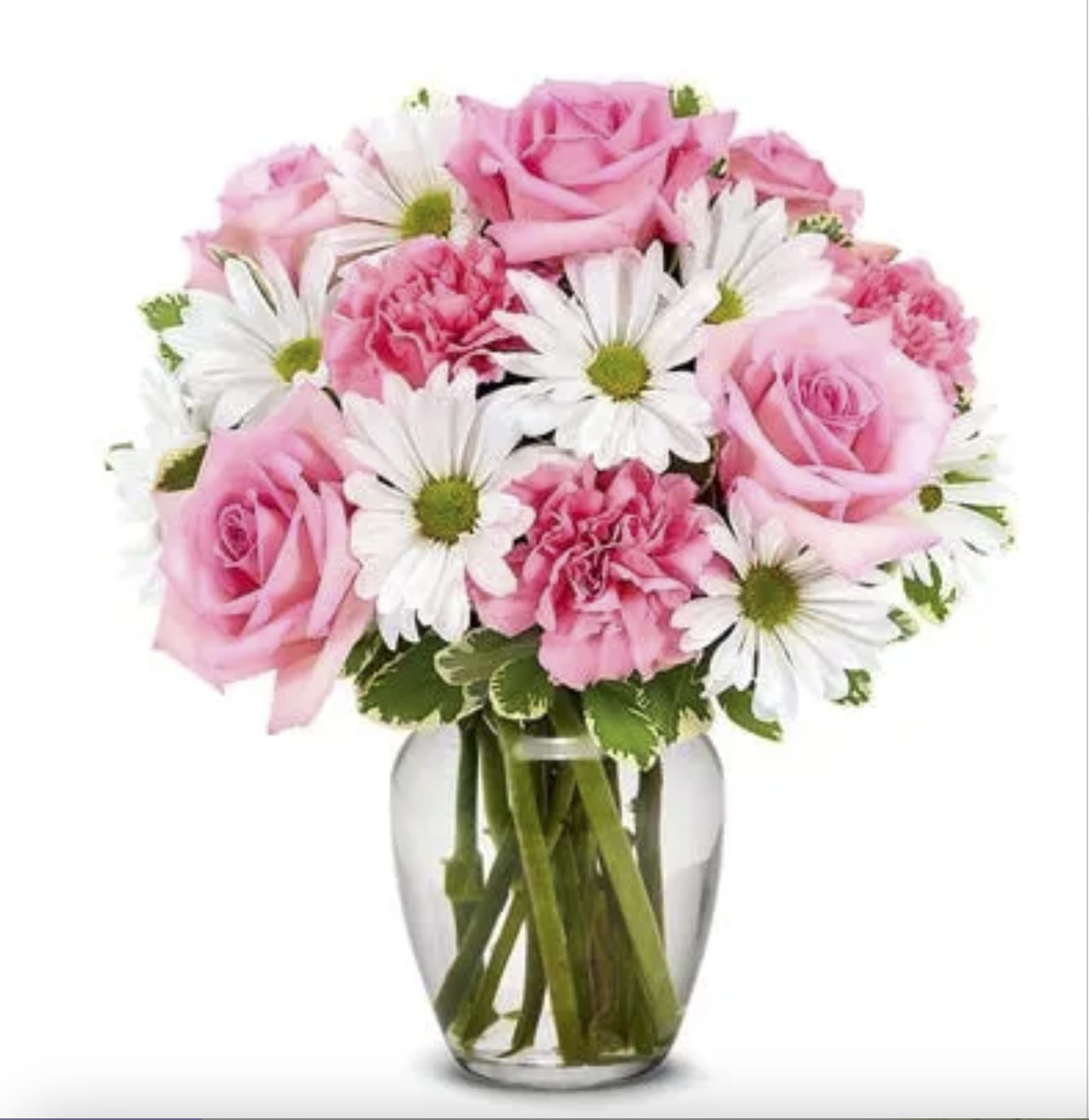 Pink roses and white daisies in a clear glass vase