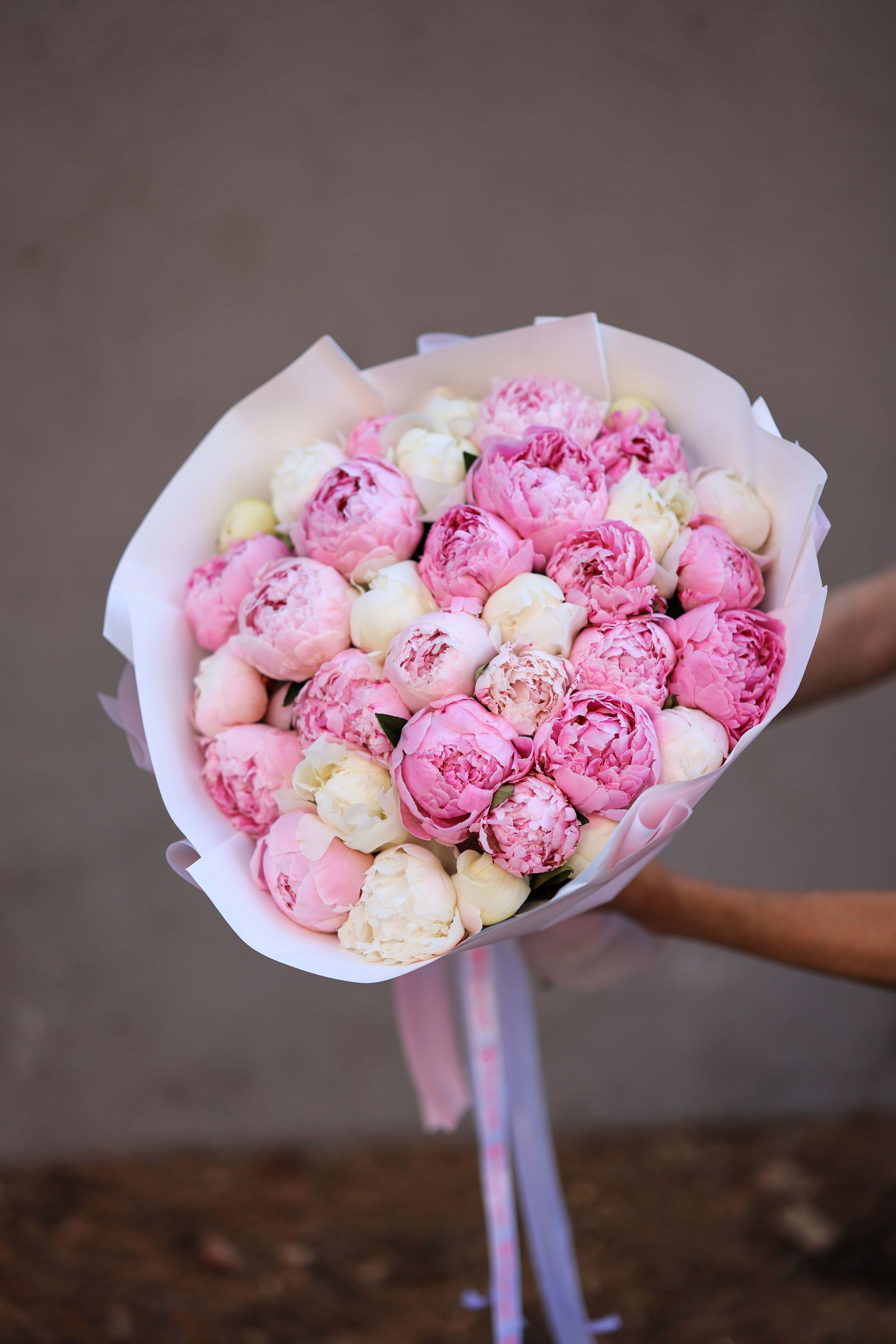 Bouquet of pink and white peonies wrapped in white paper