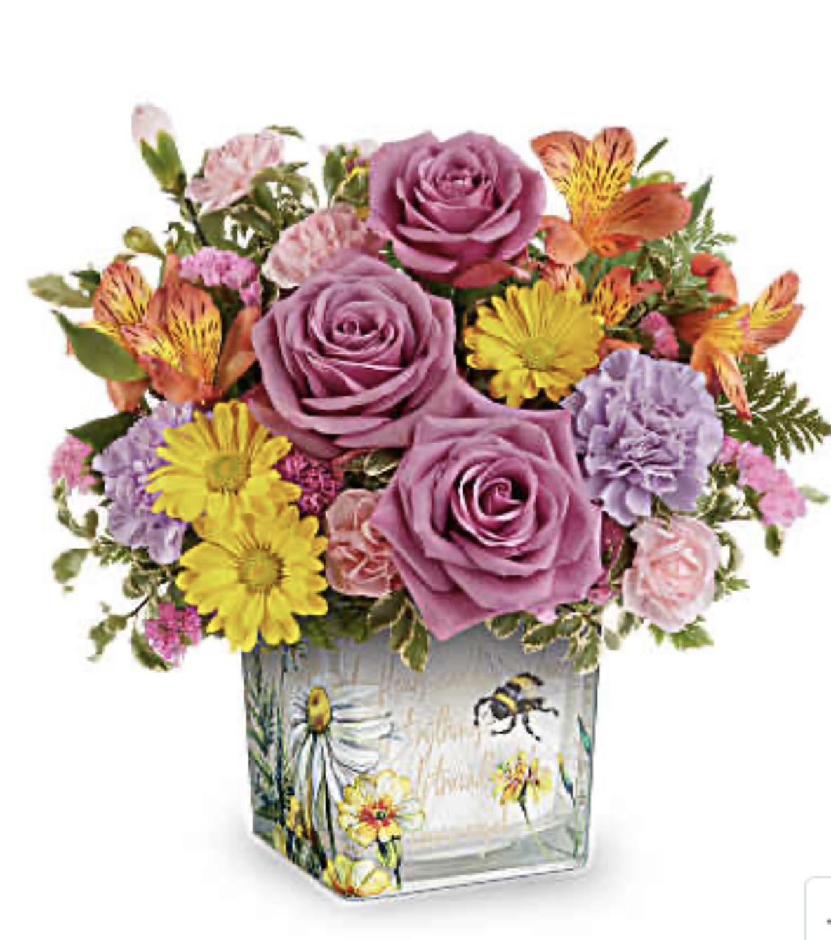 Bouquet of purple roses, yellow daisies, and pink carnations in a painted glass vase