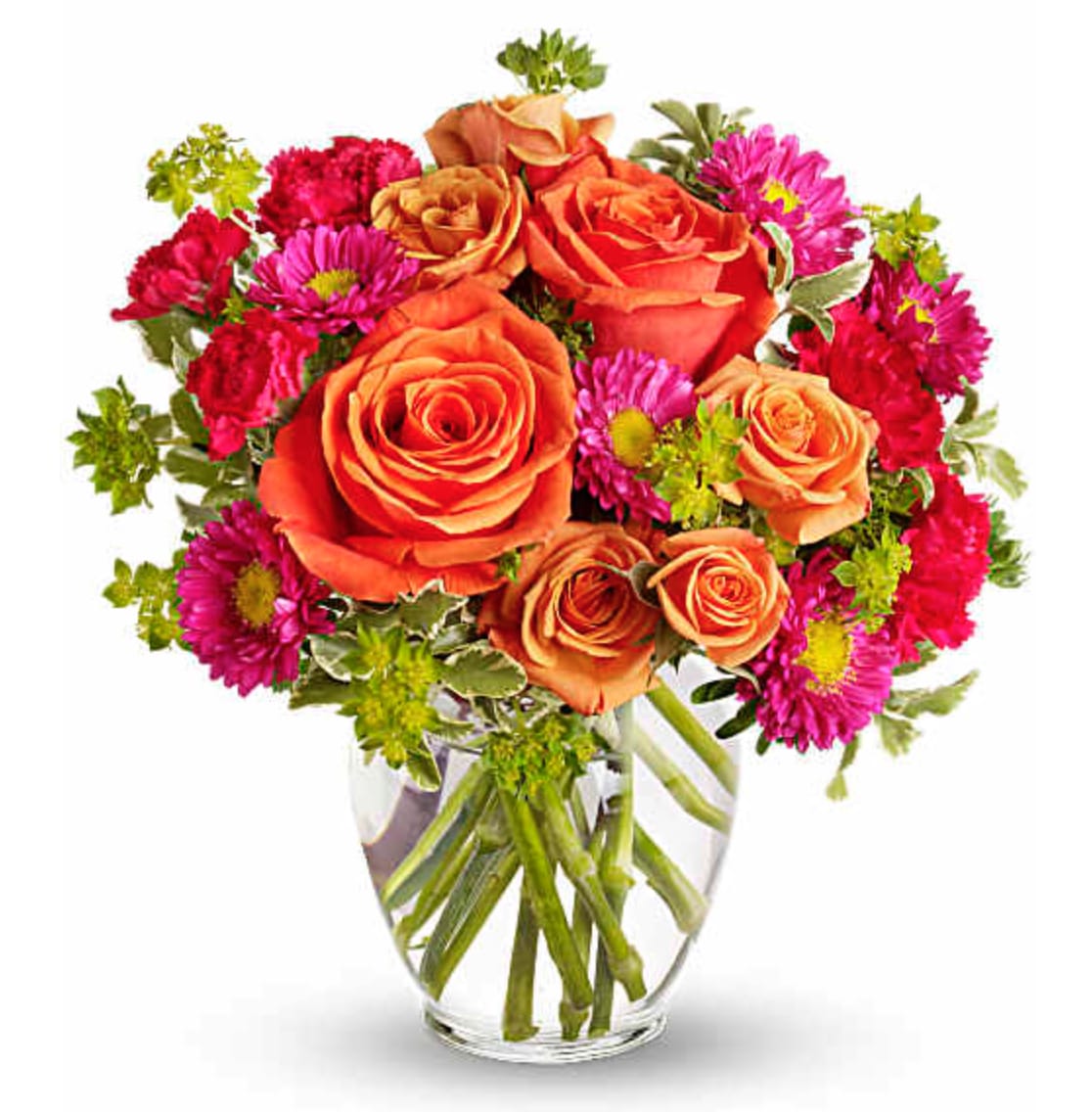 How Sweet It Is - How sweet it will be when this dazzling arrangement arrives at someone's door. Very vibrant. Very vivacious. And very, very pretty. Light orange roses, orange spray roses, and matsumoto asters, hot pink miniature carnations and more are delivered in a lovely glass vase. Be sweet and send this one today!Approximately 10 1/2" W x 11" H