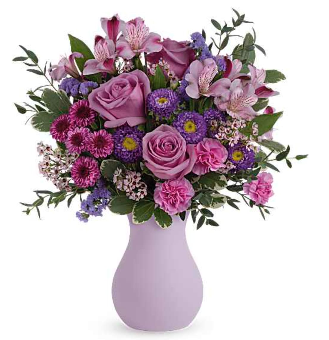 Prettiest Purple Bouquet - Pretty as a picture, this perfect purple bouquet spoils your someone special with lavender roses and a graceful frosted glass vase. Lavender roses, lavender alstroemeria, purple button spray chrysanthemums, purple matsumoto asters, miniature lavender carnations, lavender waxflower and lavender sinuata statice are arranged with parvifolia eucalyptus and variegated pittosporum. Delivered in our Serendipity Glass Vase. Orientation: All-Around