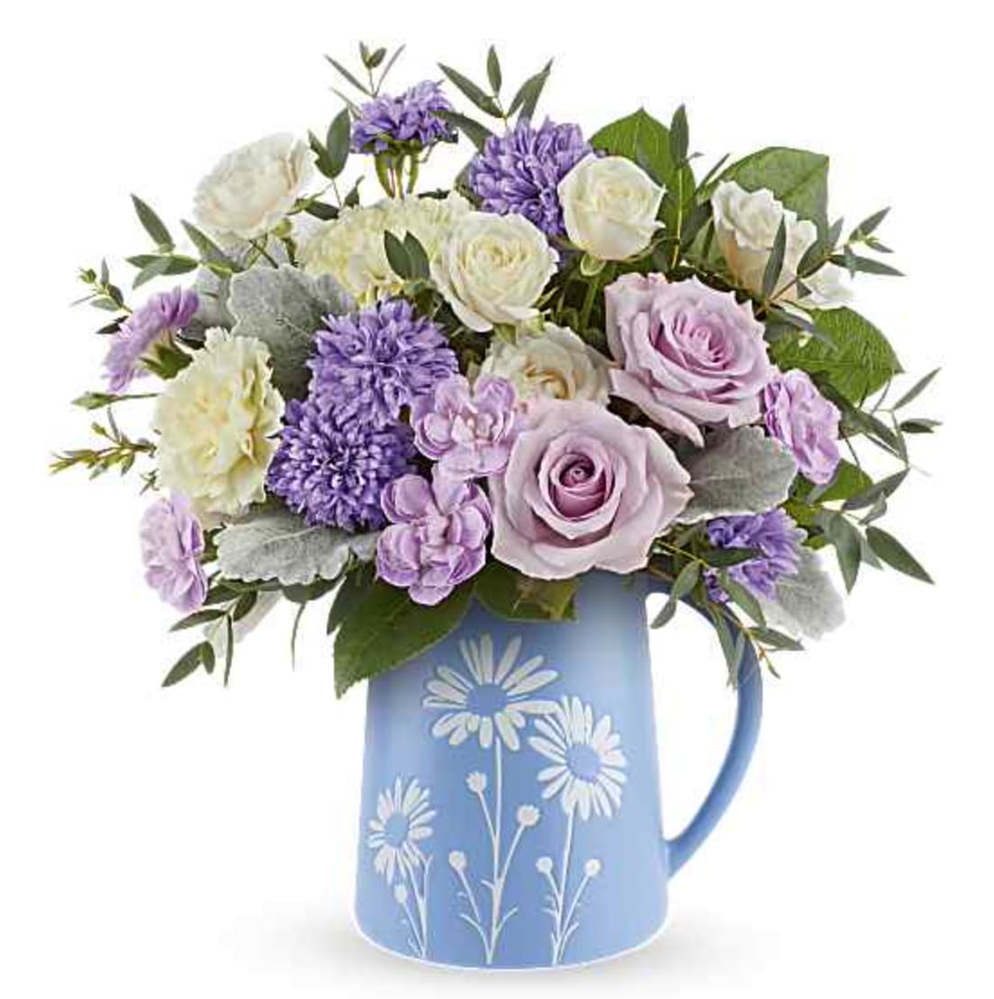 Daisy Haze Bouquet - Soft and whimsical, our Daisy Haze Bouquet captures pastel perfection with lavender roses, yellow carnations, and crème spray roses arranged in a blue food-safe pitcher adorned with a charming white daisy design. The Daisy Haze Bouquet features lavender roses, crème spray roses, light yellow carnations, lavender miniature carnations, lavender Matsumoto asters, dusty miller, parvifolia eucalyptus, and lemon leaf, arranged in the Daisy Dreams Pitcher, which meets FDA-approved to safely serve and store food. Orientation: All-Around  SUBSTITUTION POLICY – Always deliver the freshest flowers! Please note the bouquet pictured reflects our original design.  If the exact flowers or container in this arrangement are not available, our local florists will create a beautiful bouquet with the freshest available flowers.