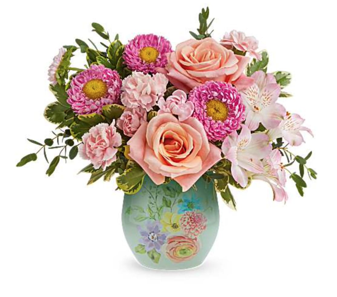 Watercolor Garden Bouquet - Watercolor Garden Bouquet is a cheerful Mother's Day flower arrangement of peach and pink blooms, beautifully presented in Watercolor Garden Vase keepsake-perfect for celebrating Mom with fresh spring style.