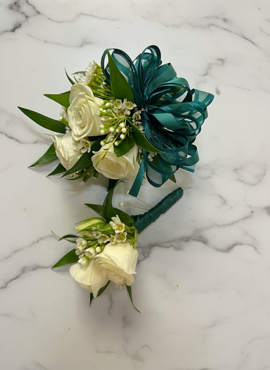 Traditional Corsage&amp; Boutonnière No.2 - White rose corsage and boutonniere set accented with wax Flower. The corsage comes on an adjustable wristlet, and the boutonniere is attached with a magnet for easy wear. Ribbon color is customizable, please add your choice in the special instructions.