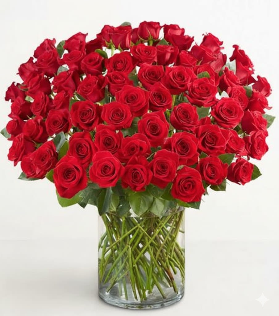 100 Premium Long Stem Red Roses -  Pet Friendly? YES While roses themselves are non-toxic to household pets, the thorns can cause physical injury to curious mouths or paws. Some varieties of “filler” greenery used to stabilize large arrangements can cause mild digestive upset in cats and dogs. Keep out of reach of pets to prevent the heavy glass vase from tipping.   Human Allergy Note No major allergy-triggering flowers noted. Roses are generally low-pollen and well-tolerated, though they do have a natural fragrance.   Care &amp; Longevity To keep these roses vibrant, check the water level daily as a large number of stems will drink quickly. Every few days, carefully change the water and clean the vase to prevent bacterial growth. Keep the arrangement in a cool spot away from direct sunlight, heating vents, or drafty windows. Trim the stems at a 45-degree angle if you notice any heads beginning to droop.   Best Occasions &amp; Situations  Milestone Anniversary  Luxury Birthday Surprise  Grand Opening Celebration ️ Valentine’s Day  Marriage Proposal  Executive Office Decor ️ Formal Tribute or Memorial  Why Customers Love It Unmatched Visual Impact created by the sheer volume of 100 roses. Deep Romantic Symbolism that goes far beyond a standard bouquet. Gift-Ready Presentation in a heavy, high-quality glass vase. Classic Color Balance that fits both modern and traditional home decor. Professional Longevity thanks to premium, long-stem sourcing.