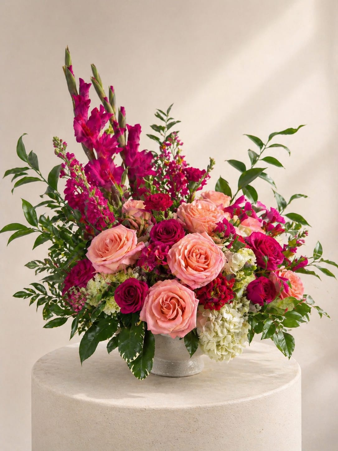 Heart of Home - A lush, statement arrangement filled with rich pinks, peach tones, and layered seasonal blooms. Designed to feel abundant, vibrant, and deeply heartfelt, it brings warmth, beauty, and a sense of welcome to any space.