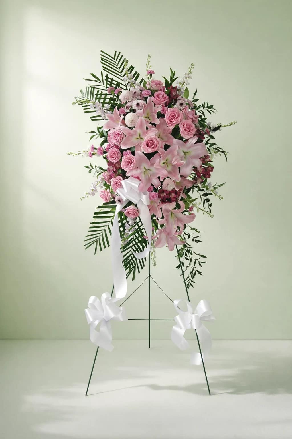 Graceful Spirit - A heartfelt tribute of soft pink roses and lilies flows gracefully, honoring cherished memories with every petal. 