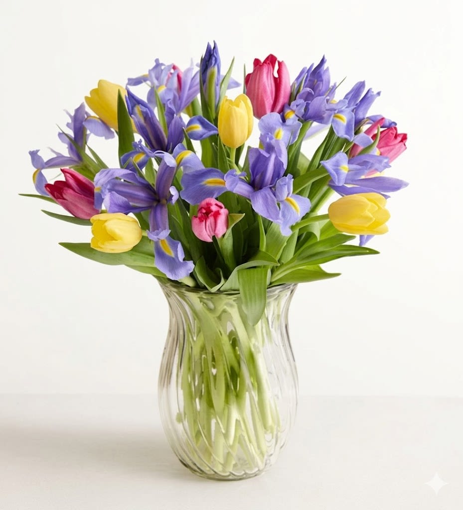 Fanciful Spring Tulip &amp; Iris  -  Pet Friendly? No Both Tulips and Iris are considered toxic to household pets, particularly cats and dogs. The bulbs contain the highest concentration of toxins, but all parts can cause irritation if ingested. Keep out of reach; avoid homes with curious cats.    Human Allergy Note No major allergy-triggering flowers noted. As a general precaution, keep the water fresh to prevent mold growth and place the arrangement in a well-ventilated area.   Care &amp; Longevity To keep your blooms vibrant, trim the stems at a 45-degree angle before placing them in the vase. Use a clean container and change the water every two days. Keep the arrangement away from direct sun, heat sources, or cooling vents, and remove any fading blooms to help the remaining flowers last longer.   Best Occasions &amp; Situations  Bright birthday surprise  Graduation or promotion celebration  Get well soon gesture ️ “Just because” cheerful gift  Colorful housewarming present  Easter or spring brunch centerpiece  Thinking of you  Why Customers Love It High-contrast colors that instantly pop in any room. Seasonal freshness featuring iconic spring favorites. Elegant fluted vase that can be reused for future bouquets. Compact footprint making it ideal for desks or side tables.