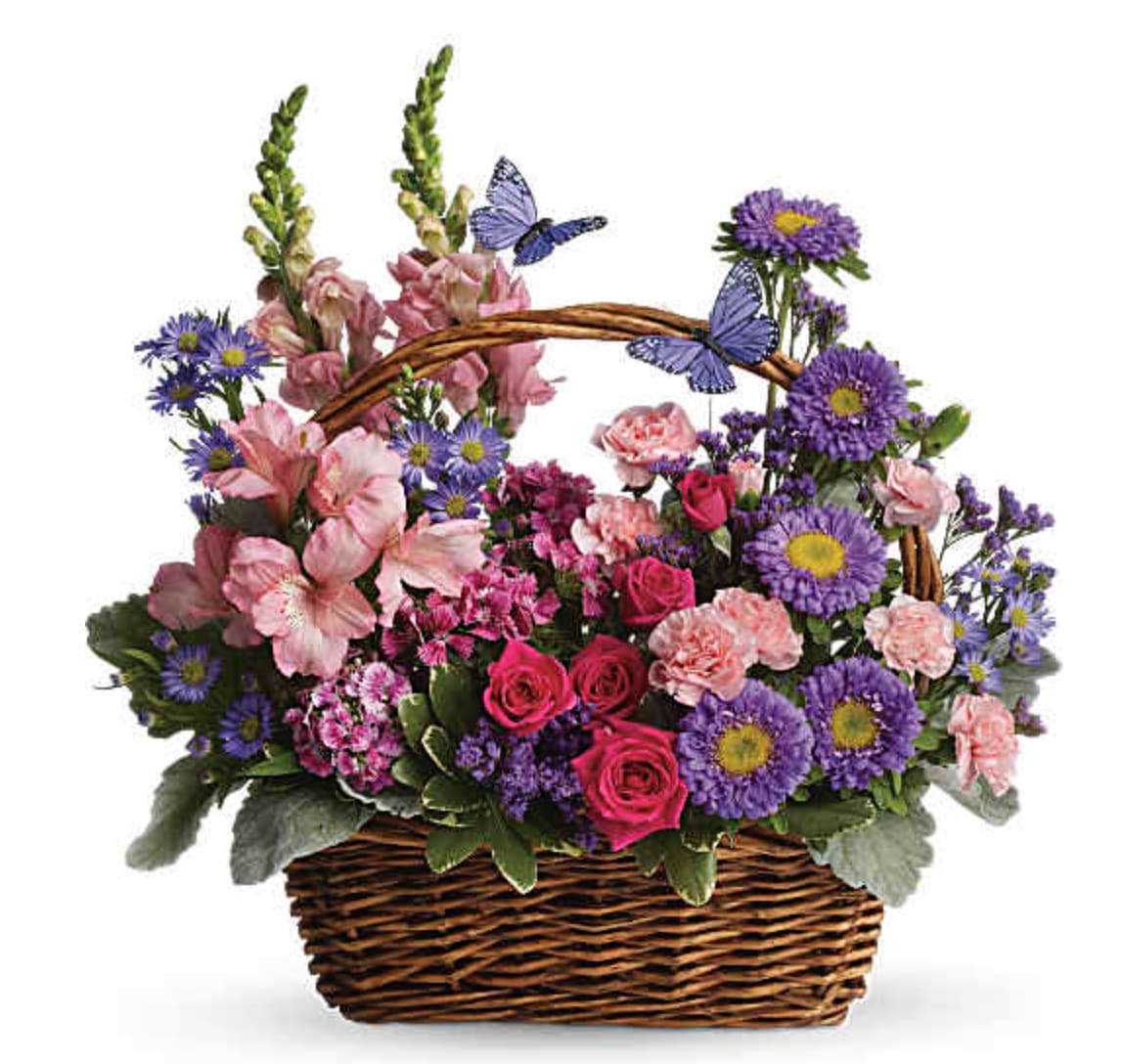 Country Basket Blooms - Take a walk through a country meadow with this fresh flower basket! Pretty blooms of pink and purple nestle happily inside a natural gift basket as playful purple butterflies flutter overhead. Fresh flowers including snapdragons, alstroemeria, mini carnations and matsumoto asters are assembled in a natural basket with decorative butterflies. Orientation: One-Sided  SUBSTITUTION POLICY – Always deliver the freshest flowers! Please note the bouquet pictured reflects our original design.  If the exact flowers or container in this arrangement are not available, our local florists will create a beautiful bouquet with the freshest available flowers.