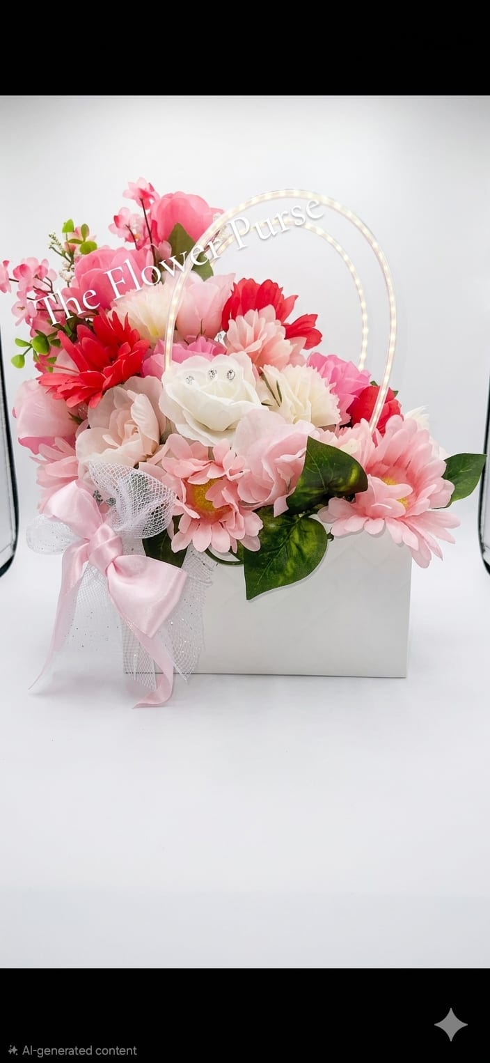 Blossom clutch - A cheerful, gift-ready flower arrangement perfect for birthdays, Mother's Day, or a thoughtful "just because" - this silk flower arrangement presents a dense clutch of rose-like blooms and daisy-shaped flowers in a clean white gift box. Soft pinks and whites are warmed by red accents and set off by glossy green leaves, giving the recipient an impression of handcrafted, long-lasting beauty that reads feminine, celebratory, and cozy.  The design mixes silk roses, chrysanthemums and daisy-style blooms in pink, white and red tones, arranged tightly for a full, textured look. A translucent arched handle with built-in LED lights rises behind the blooms and is finished with a pink satin bow and white mesh ribbon for a gift-like presentation; the white box keeps the composition modern and display-ready. Ideal for the person you want to make feel seen and celebrated, this arrangement arrives ready to place on a table, dresser, or desk and offers a bright, maintenance-free alternative to fresh flowers.