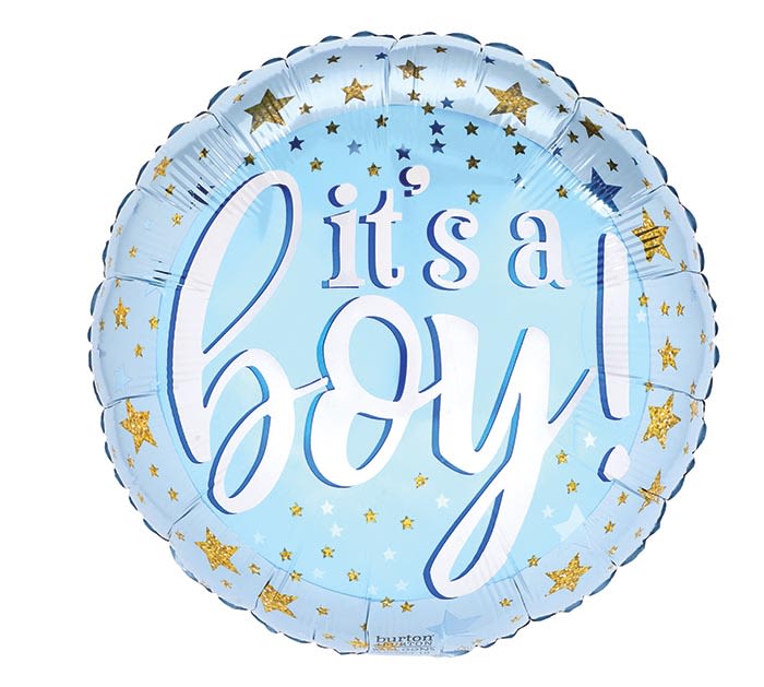 Round blue foil balloon with the words "it’s a boy!" and gold star accents
