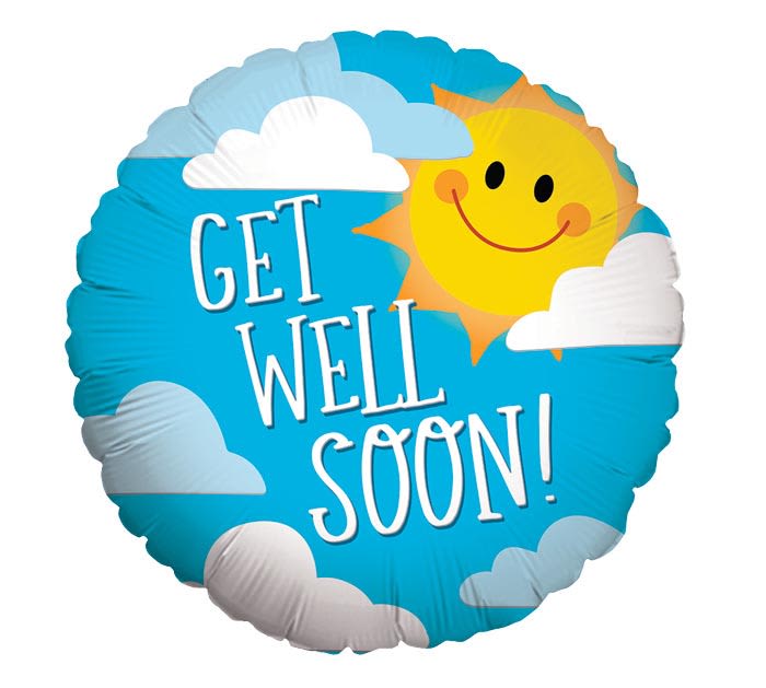 Round blue Get Well Soon balloon with smiling sun and clouds