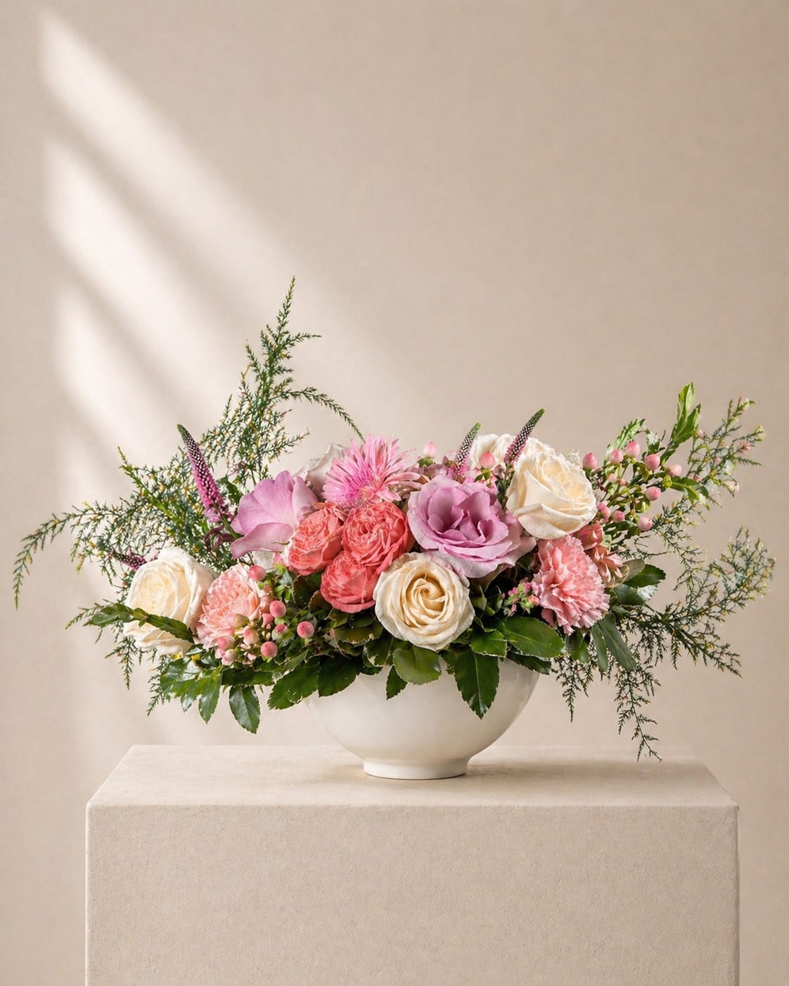 Her Grace - An elegant garden-inspired arrangement in blush pink, ivory, and fresh greenery with an airy, graceful silhouette. Designed to feel refined yet heartfelt, it offers a beautiful balance of softness, beauty, and ease.