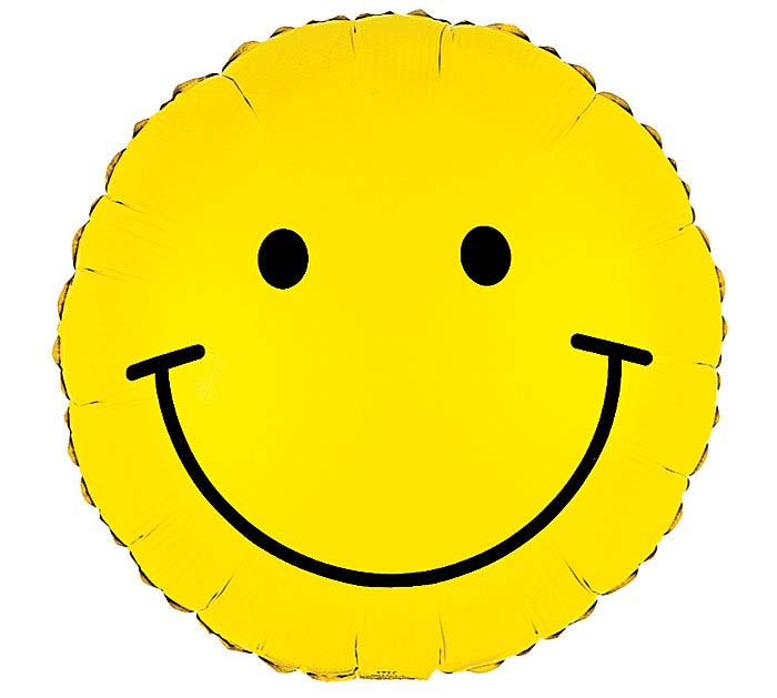 Round yellow foil balloon with a large black smiley face design