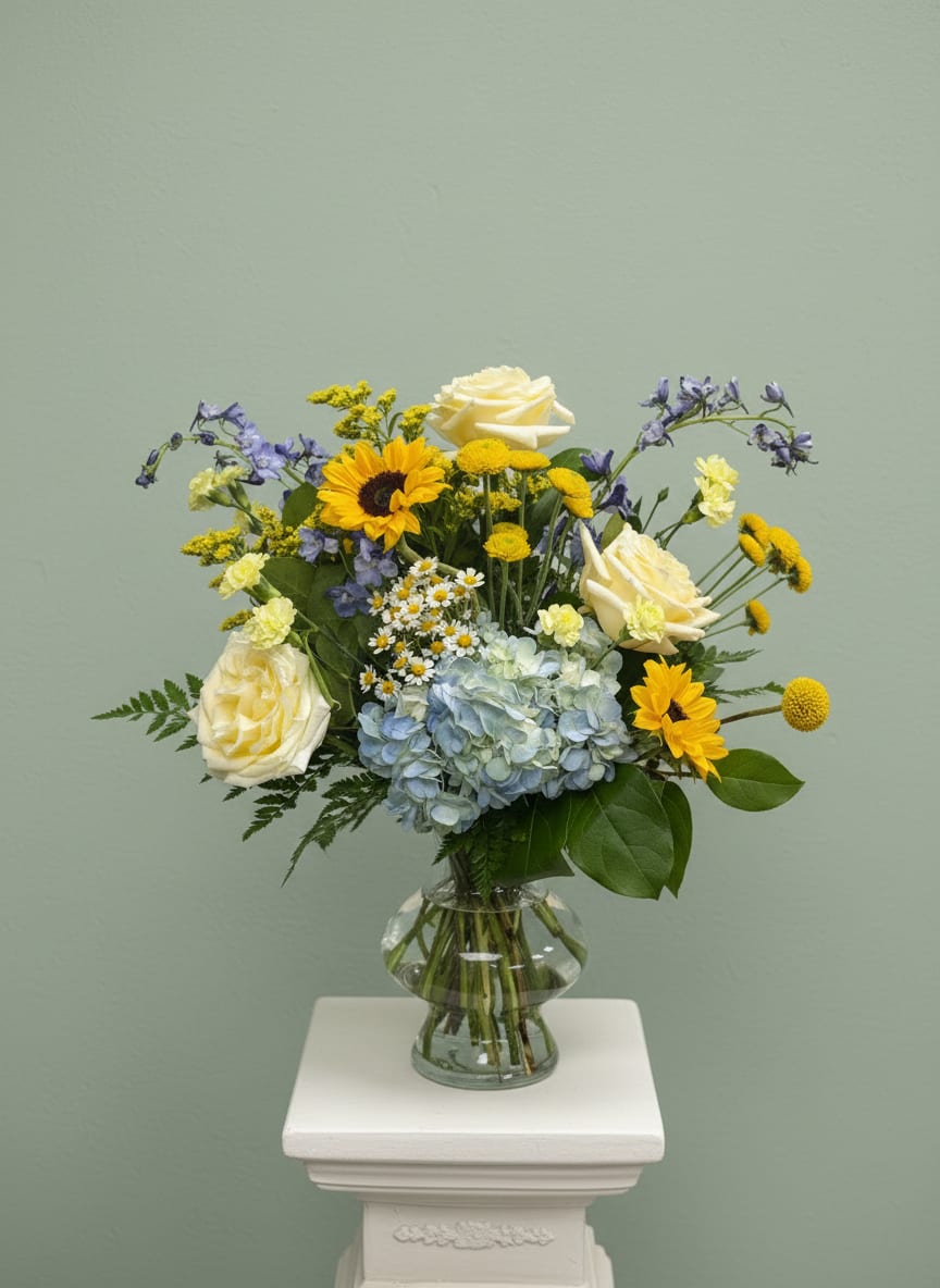 Mamma Mia! - Featuring fresh assorted blooms like hydrangeas and sunflowers, this bouquet is like a sun-soaked summer day you can hold in your hands.