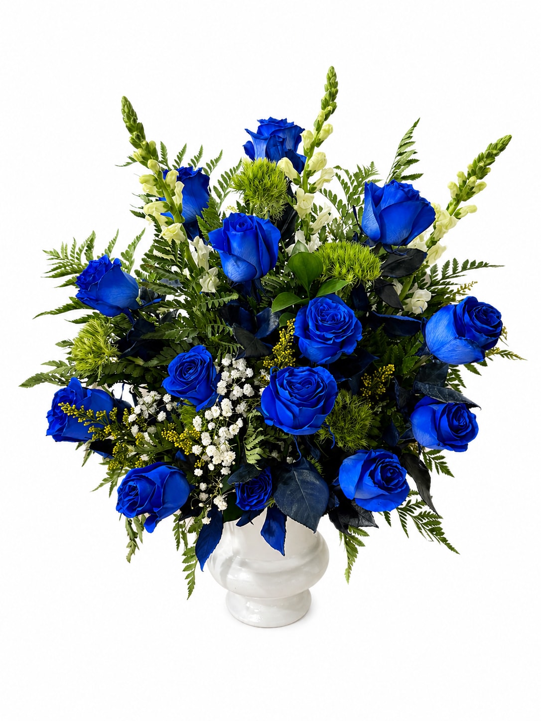 Elegancia Real - Arrelo impactante y sofisticado q combina la intecidad de las rosas azules con delicados toques de flores blancas y follaje fresos. Su diseño elegantes y bien estruccturado crea una presentacion moderna y lujosa.