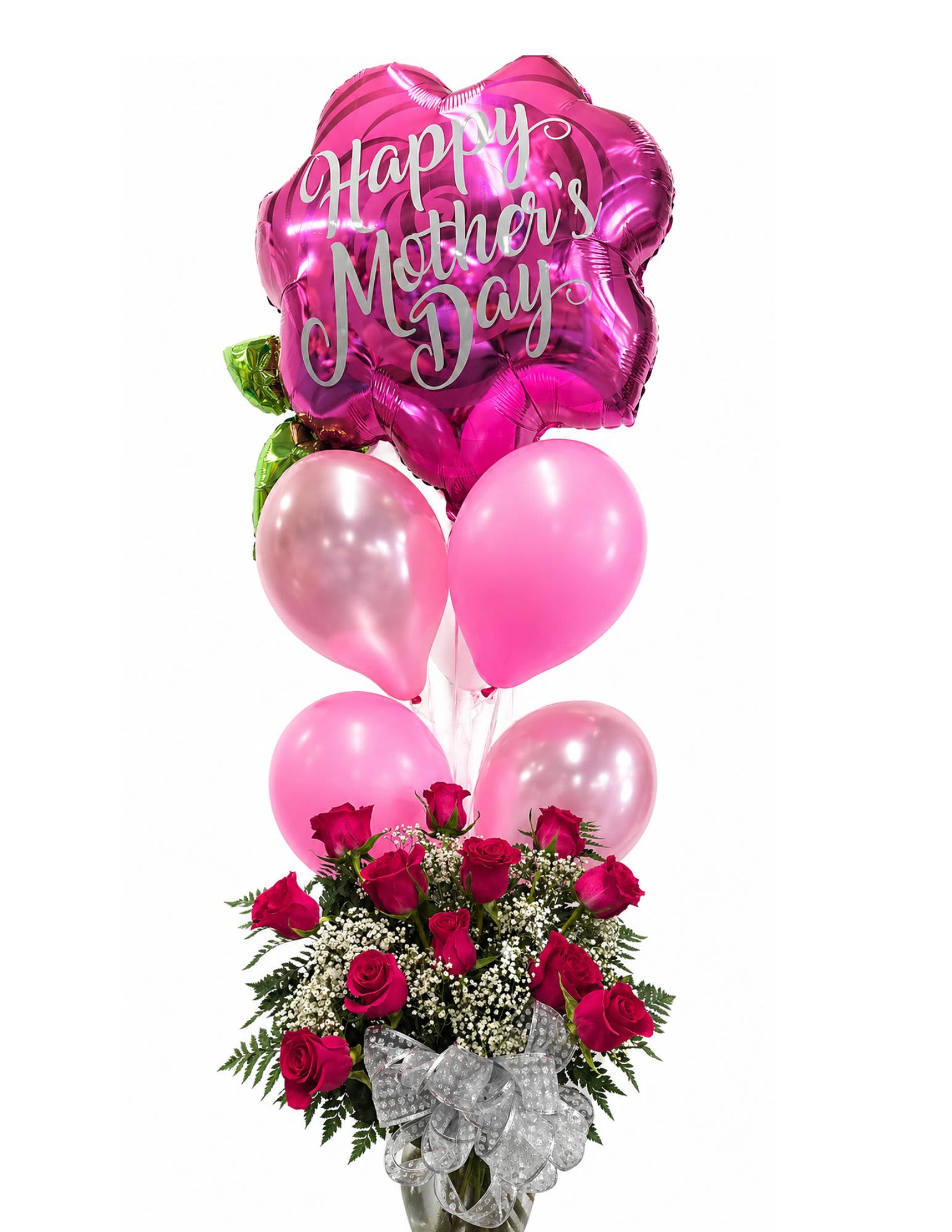 Mothers Delight  - A tall, celebratory Mother's Day bouquet topped with a large foil balloon and clustered pink latex balloons-designed to make her feel celebrated the moment she sees it. This Mother's Day arrangement pairs deep pink roses with delicate white filler flowers and fern-like greenery to create a lush, layered look that reads joyful and heartfelt; the sheer silver ribbon tied around the glass vase adds a touch of sparkle that complements the cheerful pink palette.  Flowers and materials are arranged for visual impact: rich deep-pink roses form the focal blooms, supported by small white accents and verdant greenery for texture and fullness. The display arrives in a clear glass vase with decorative ribbon and includes a printed "Happy Mother's Day" foil balloon and matching latex balloons to elevate the gift into a ready-to-display celebration piece-perfect for moms who enjoy bold color and festive presentation.