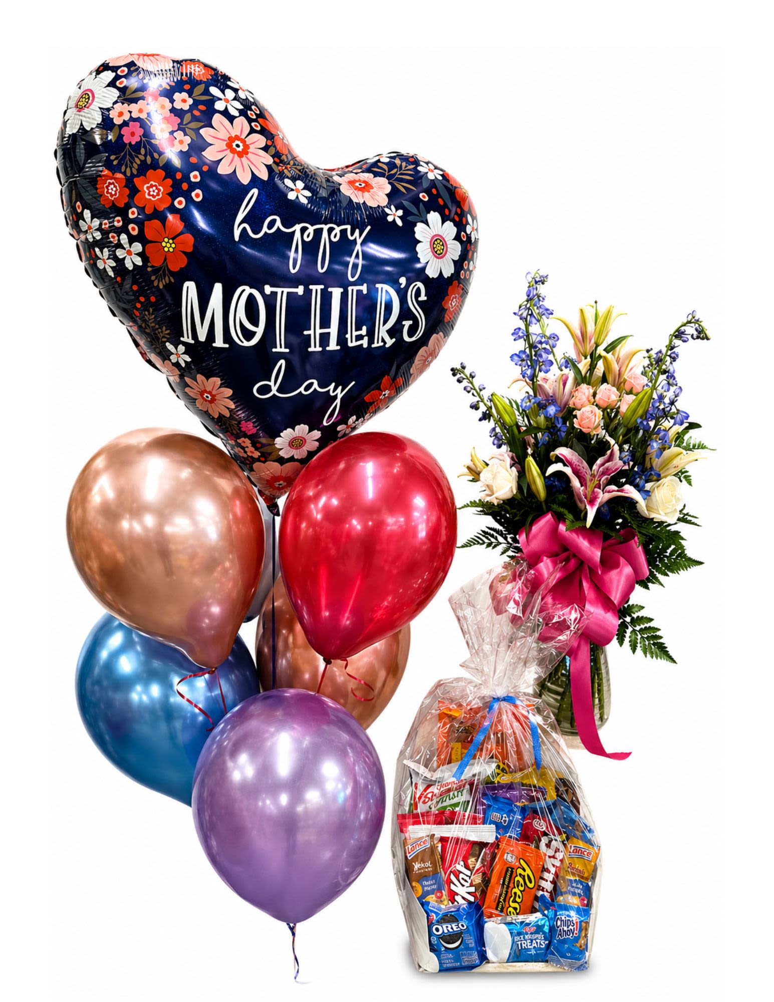 Super Mother  - A large heart-shaped foil balloon crowns a joyful mixed-color bouquet-perfect as a Mother's Day gift or a special "thank you" for the mom who brightens every day. This mixed floral arrangement features pink roses, fragrant lilies, and sky-blue delphinium-like spikes for a lively contrast; the tall glass vase and bright pink ribbon give it an elevated, celebratory look that says she's truly appreciated.  The arrangement arrives wrapped with clear gift wrap and paired with a wrapped snack assortment tucked into a gift basket, plus a cheerful cluster of metallic latex balloons in rose gold, red, blue, and lavender for extra sparkle. Flowers are presented in a sturdy glass vase sized for table display; texture comes from the soft rose petals, the lilies' open blooms, and the vertical delphinium spikes. This combination creates a colorful, uplifting centerpiece that feels both festive and thoughtful.  Give this to the mom, grandmother, or mother-figure who deserves a moment of pampering-the kind of gift that makes her feel celebrated and seen. Order with standard delivery options and enjoy a ready-to-display arrangement that requires minimal care: fresh water in the vase and a cool spot away from direct sun will keep blooms looking their best for days.