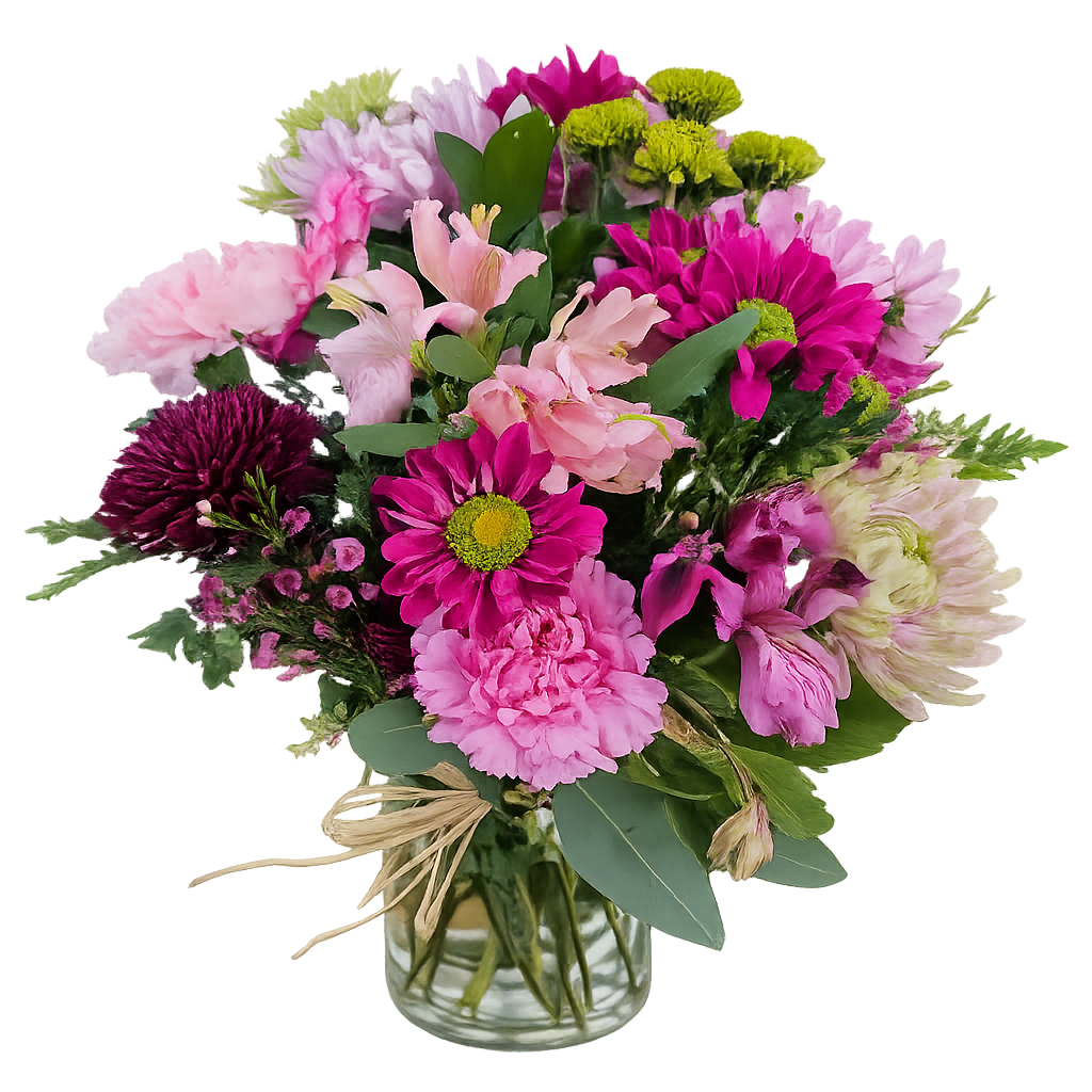  Deal of the Day double  - Purple daisys, lavender chrysanthemums, purple cremon, pink and purple alstomeria, green button poms and pink wax flower.