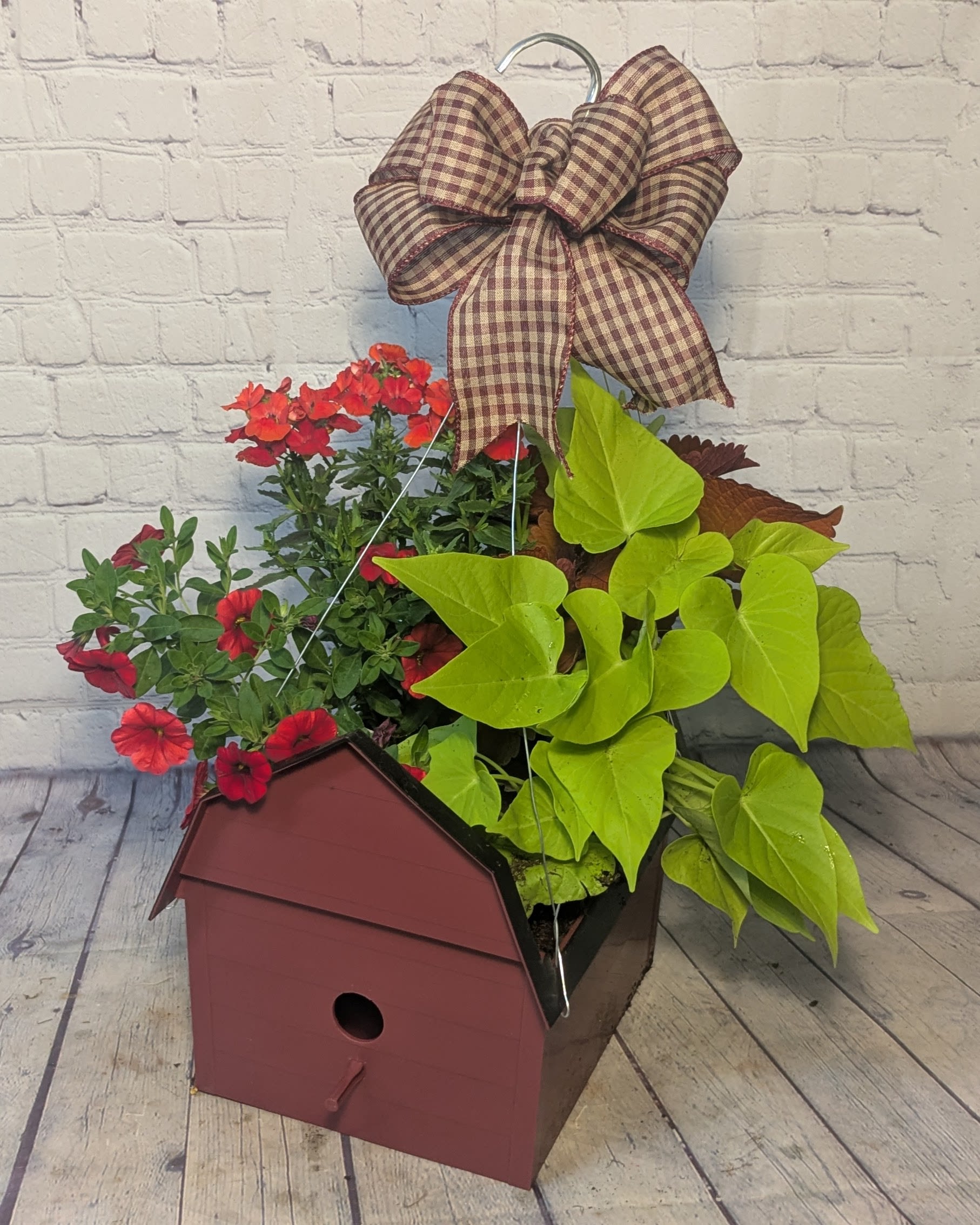 Blooming Birdhouse Hanging Basket - Floral beauty meets feathered charm.  Add a splash of color and a touch of nature to your outdoor space with our Blooming Birdhouse Hanging Basket. This eye-catching piece features a lush arrangement of blooming annuals in a variety of vibrant colors, creating a stunning display that's perfect for porches, patios, or garden hooks.  Hidden beneath the blooms is a charming red birdhouse, designed to provide a cozy nesting spot for small backyard birds like wrens and chickadees. The bold red hue adds visual interest while inviting birds to settle in and stay awhile.  Product Highlights:  Full hanging basket with colorful, seasonal annuals Built-in weather-resistant red birdhouse Ideal for attracting small birds Sturdy hanging hardware included Perfect for spring and summer decorating Give your garden a fresh look while creating a welcoming home for birds—all in one beautifully functional design. 