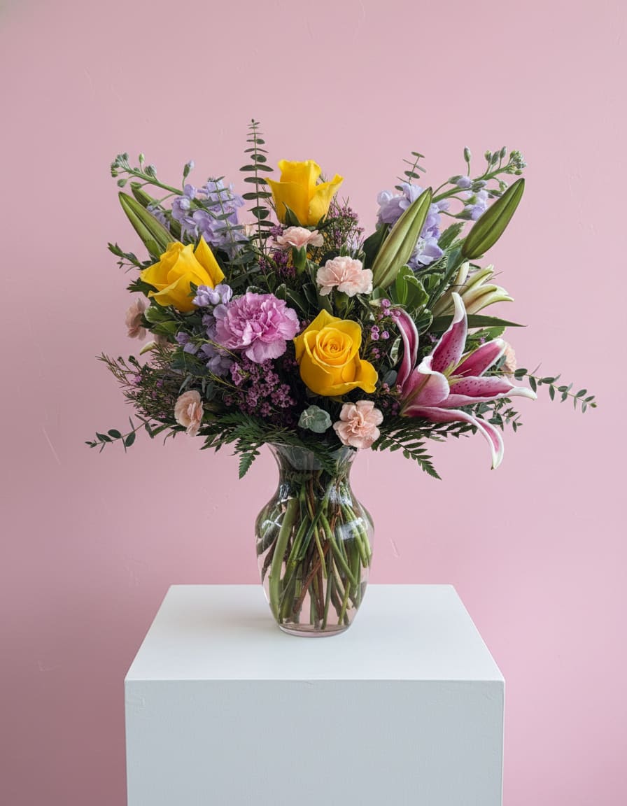 Sweet &amp; Sunshine - A bright mix of sunny yellow roses, fragrant pink lilies, and soft purple accents. Freshly arranged in a clear glass vase.
