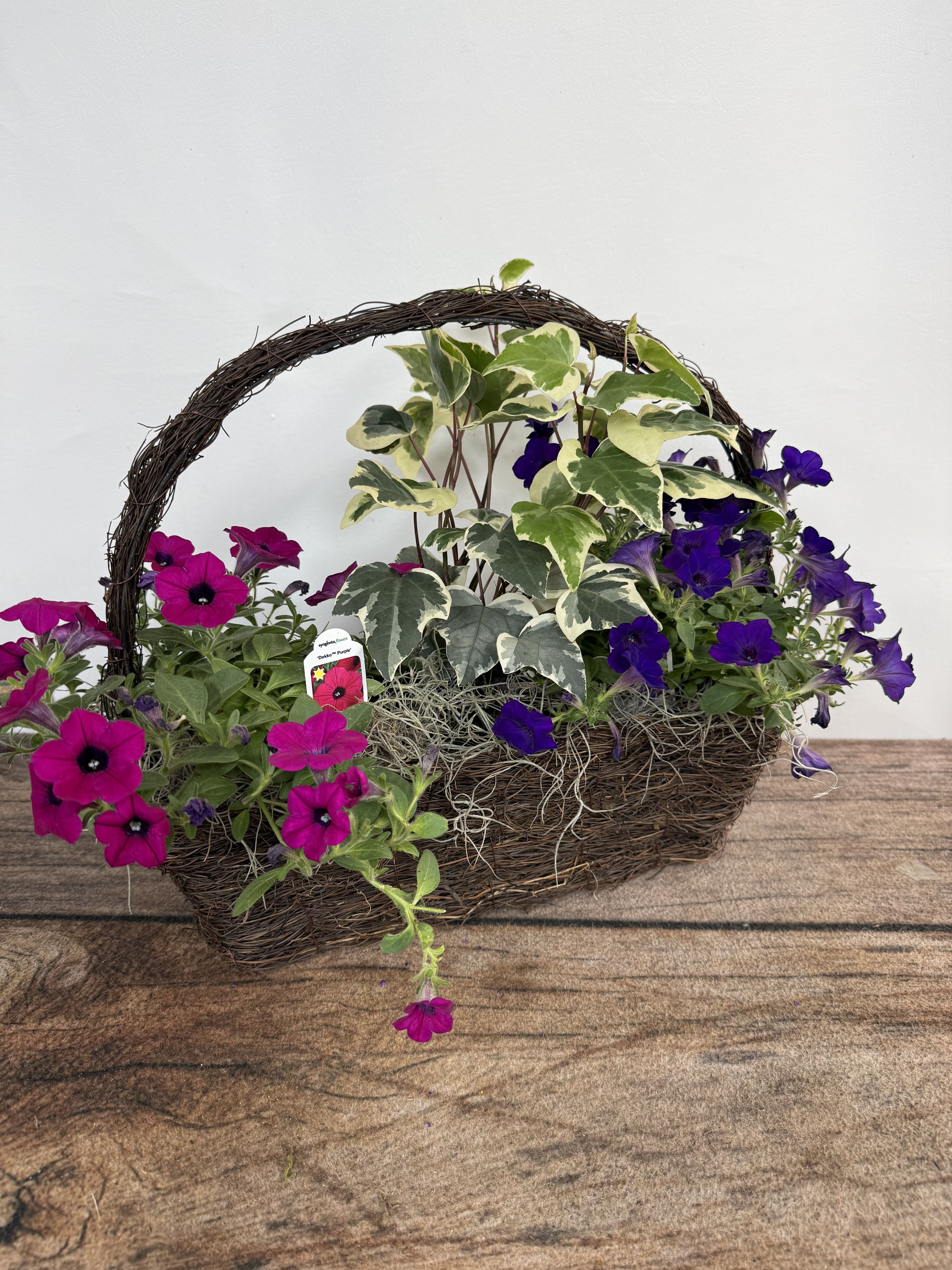 Annual Basket Medium - Grapevine basket holds a collection of mixed annual plants. They can later be planted outside. Approx. 15"x15".