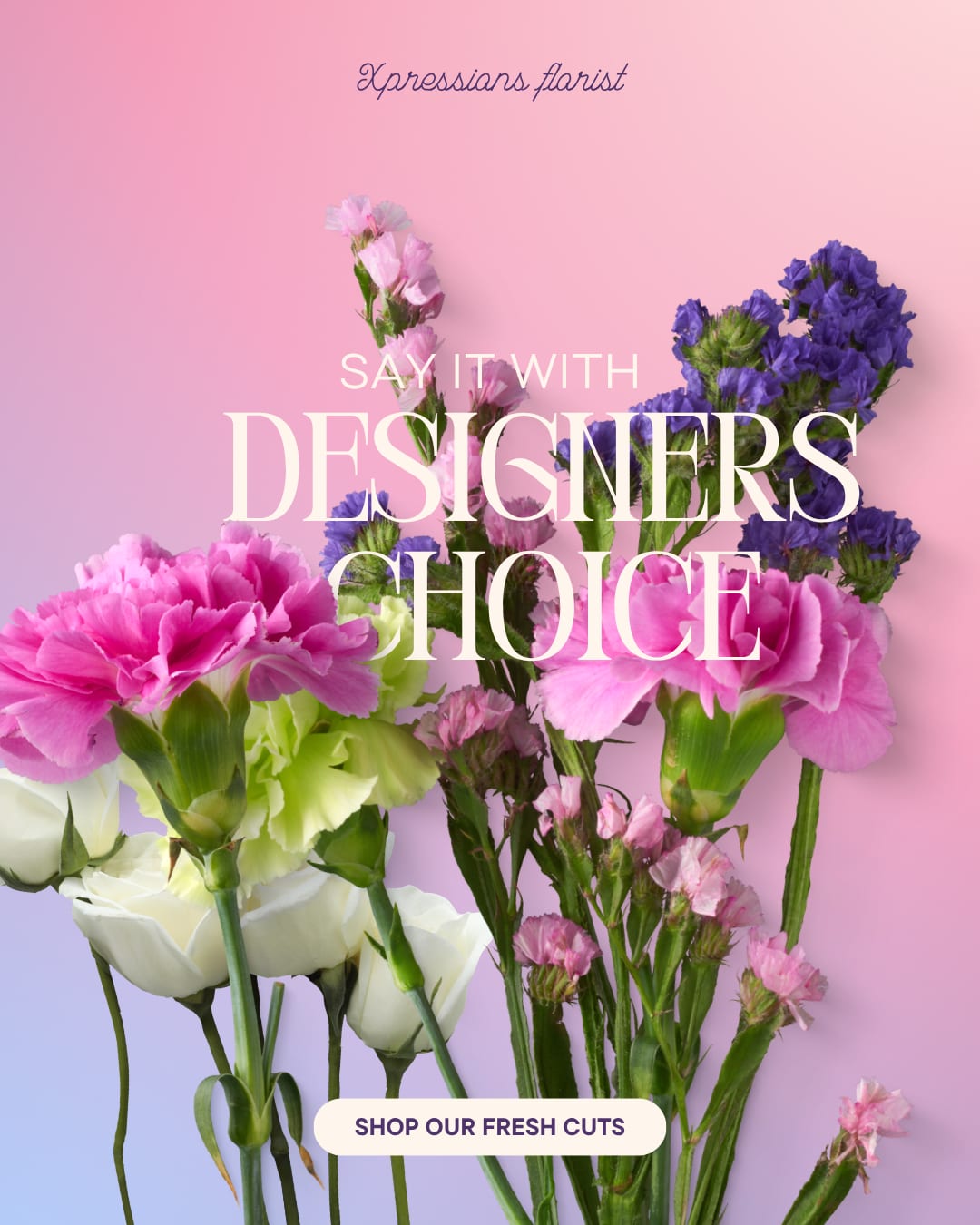 Assorted stems of pink carnations, white lisianthus, and purple stock on a pastel gradient background with text.