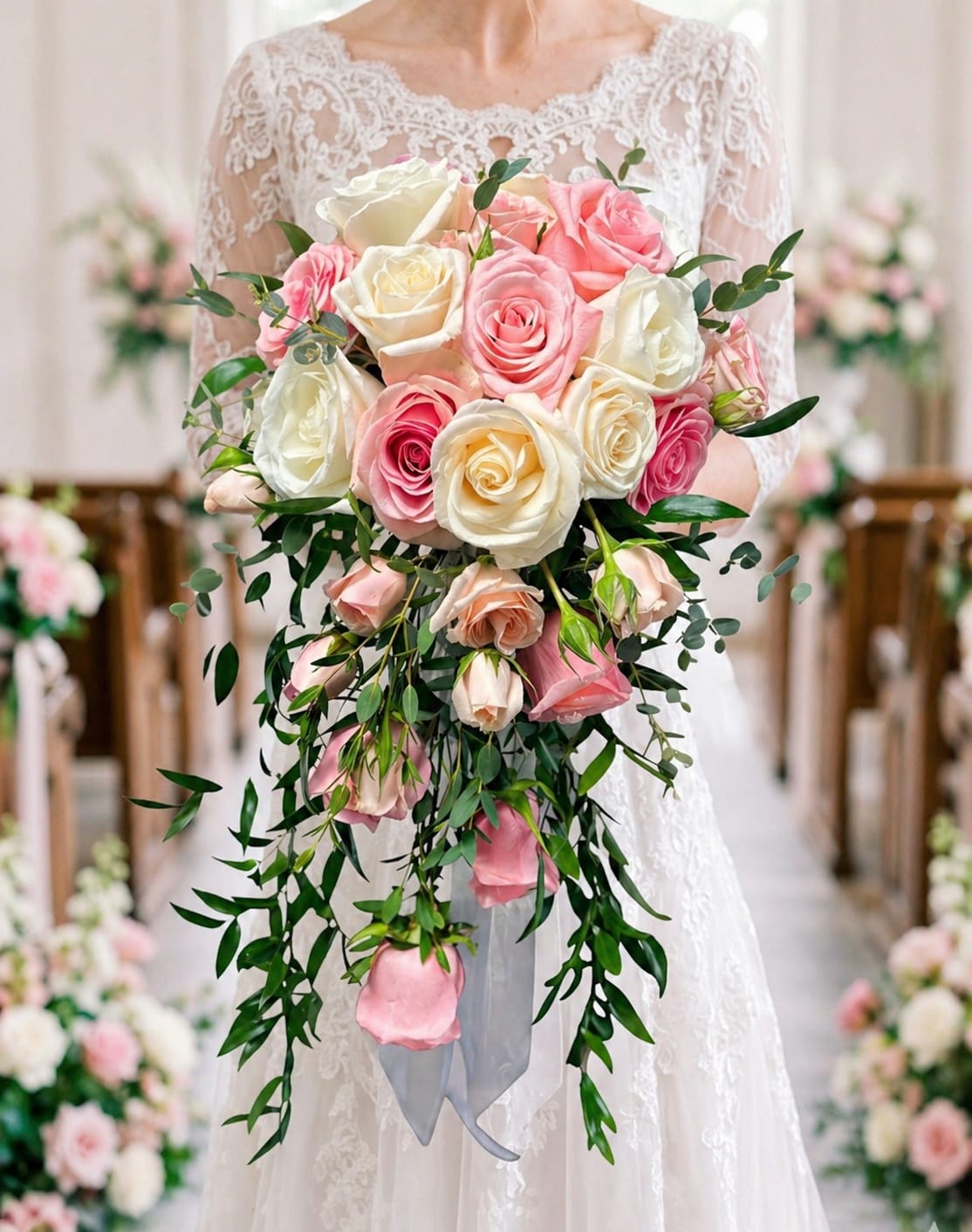 Cascading Bridal Bouquet  - A romantic cascading bridal bouquet featuring soft blush and ivory roses, accented with delicate greenery. Designed with a natural, flowing shape, this bouquet creates an elegant look that beautifully complements a classic or garden-style wedding.
