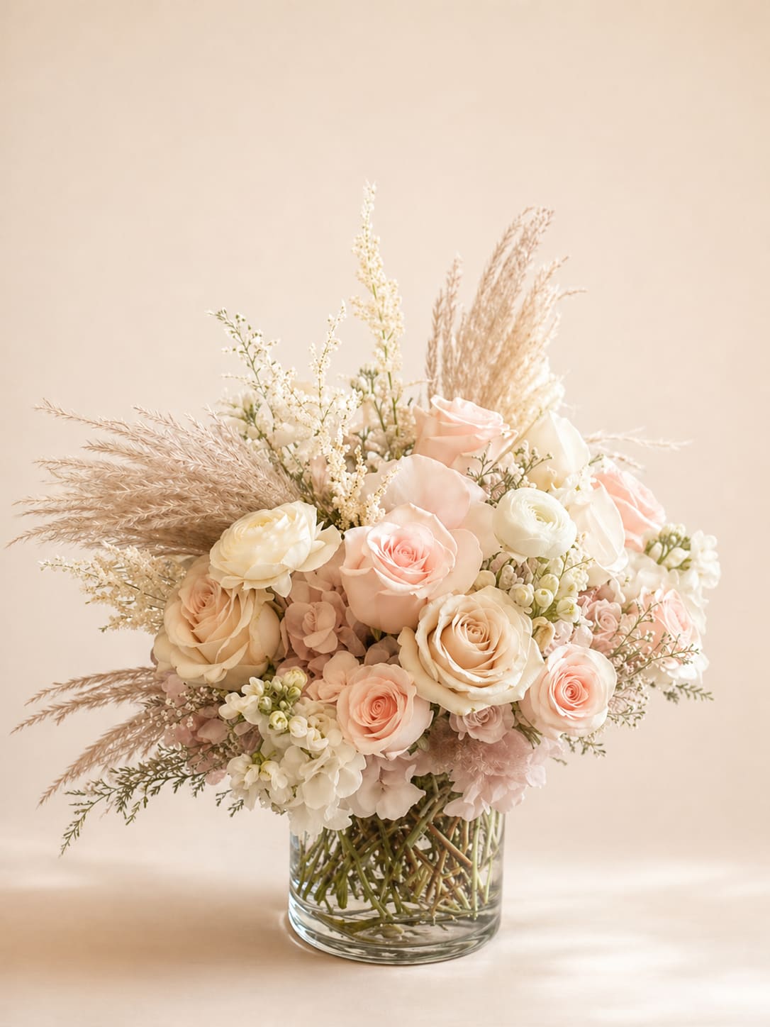 Angelic Pink  - Flowers: light pink roses, quicksand roses, light pink hydrangea, white ranunculus, pampas grass, dried rice flower, white stock, misty white, and peach orchids. Arranged in a 5x5 glass cylinder vase accented with curly willow.