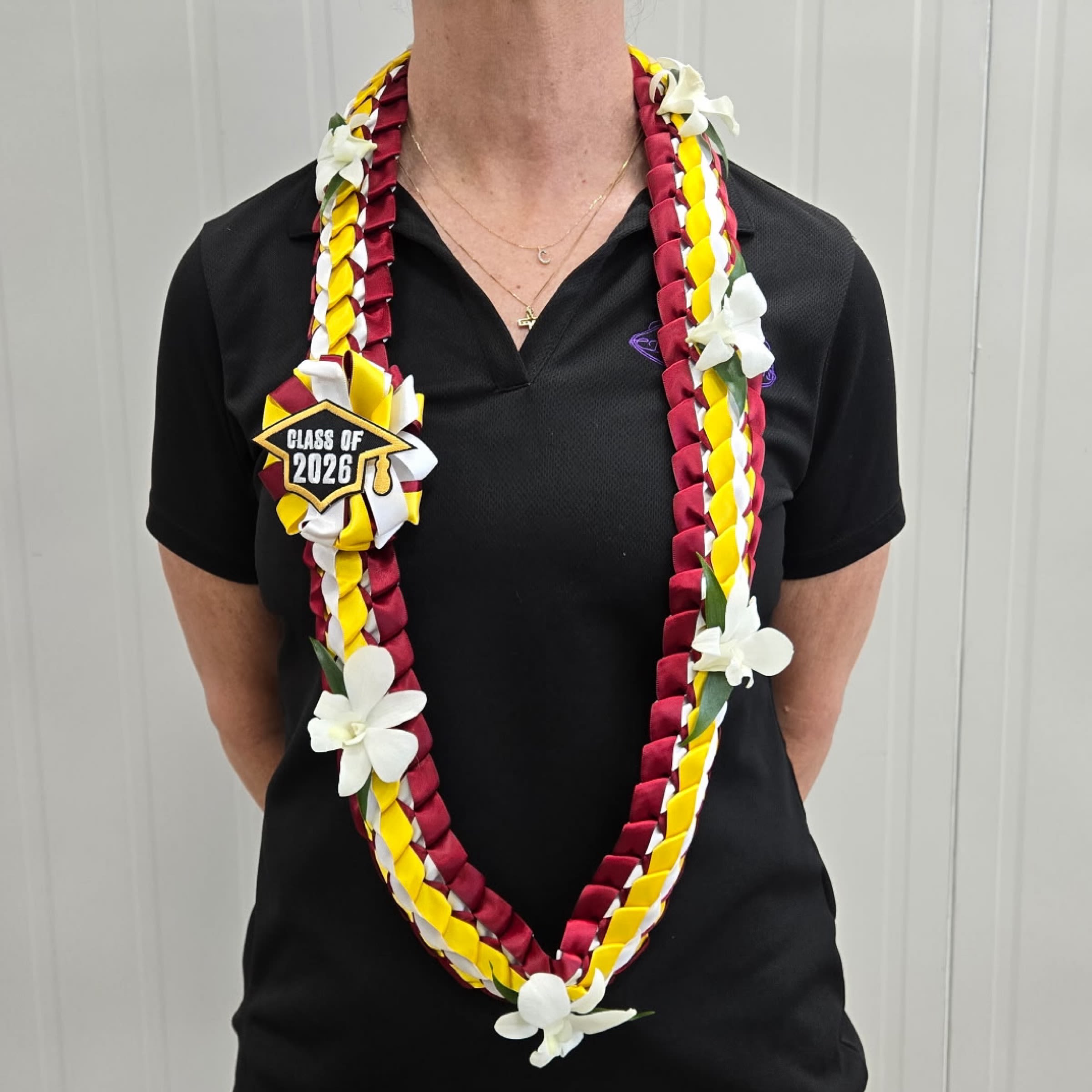 ASU Ribbon/Orchid Lei - ASU Graduation Ribbon Lei with White Orchid Blooms.