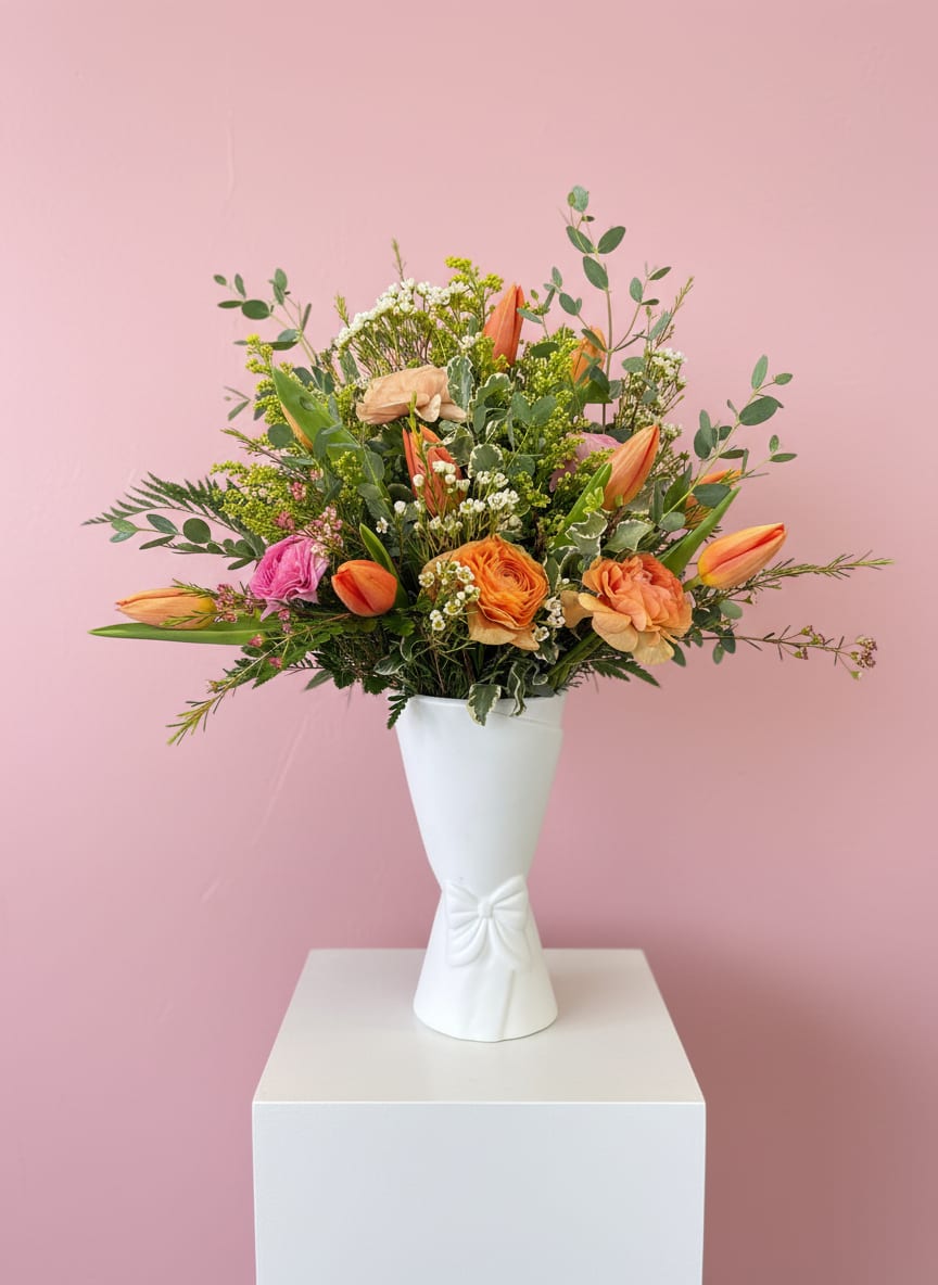 Hand Picked for Mom - This cute White ceramic bow tye vase is filled with hand picked flowers.