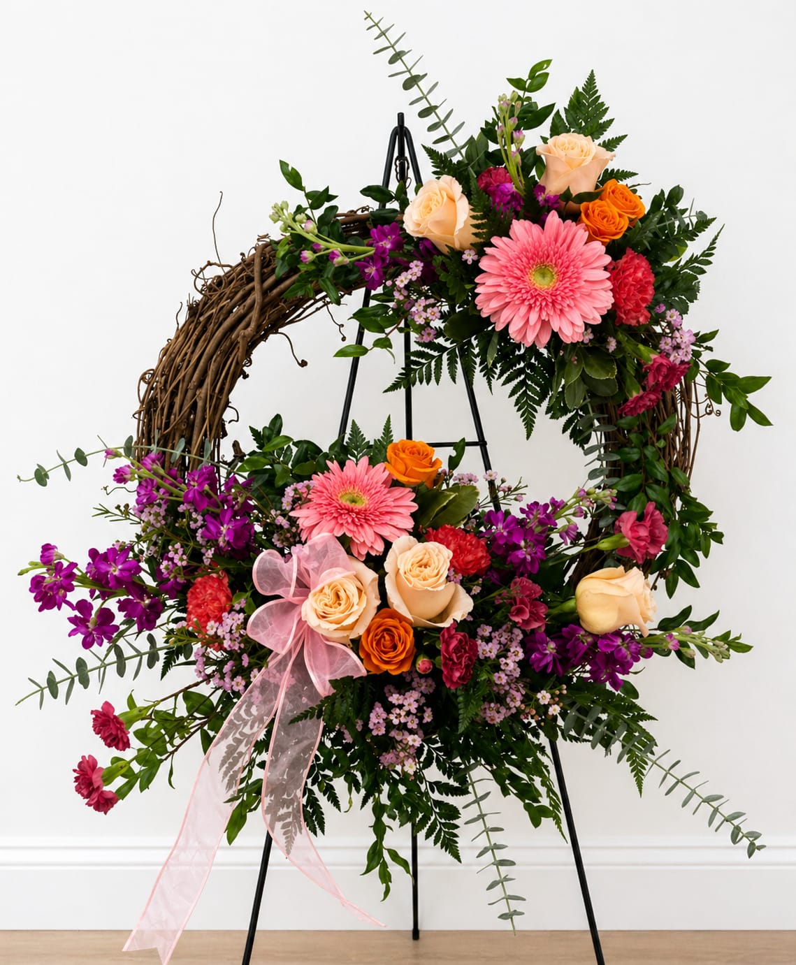 Spring Wreath - This is a decorative floral wreath arranged on a black metal easel. The base of the wreath is made of natural twisted grapevine, giving it a rustic, textured look. The flowers are clustered more heavily along the right side and bottom, creating an asymmetrical, flowing design.  The arrangement features a vibrant mix of blooms:  Large pink gerbera daisies as focal flowers Peach and cream roses for softness Bright orange spray roses adding warmth Deep pink and red carnations for richness Small purple and light pink filler flowers for contrast and detail  There’s a variety of greenery—like ferns and eucalyptus—that adds fullness and movement, with some pieces extending outward for a slightly wild, organic feel.  At the lower left side, a sheer pink ribbon is tied into a soft bow, adding a delicate, elegant touch. 