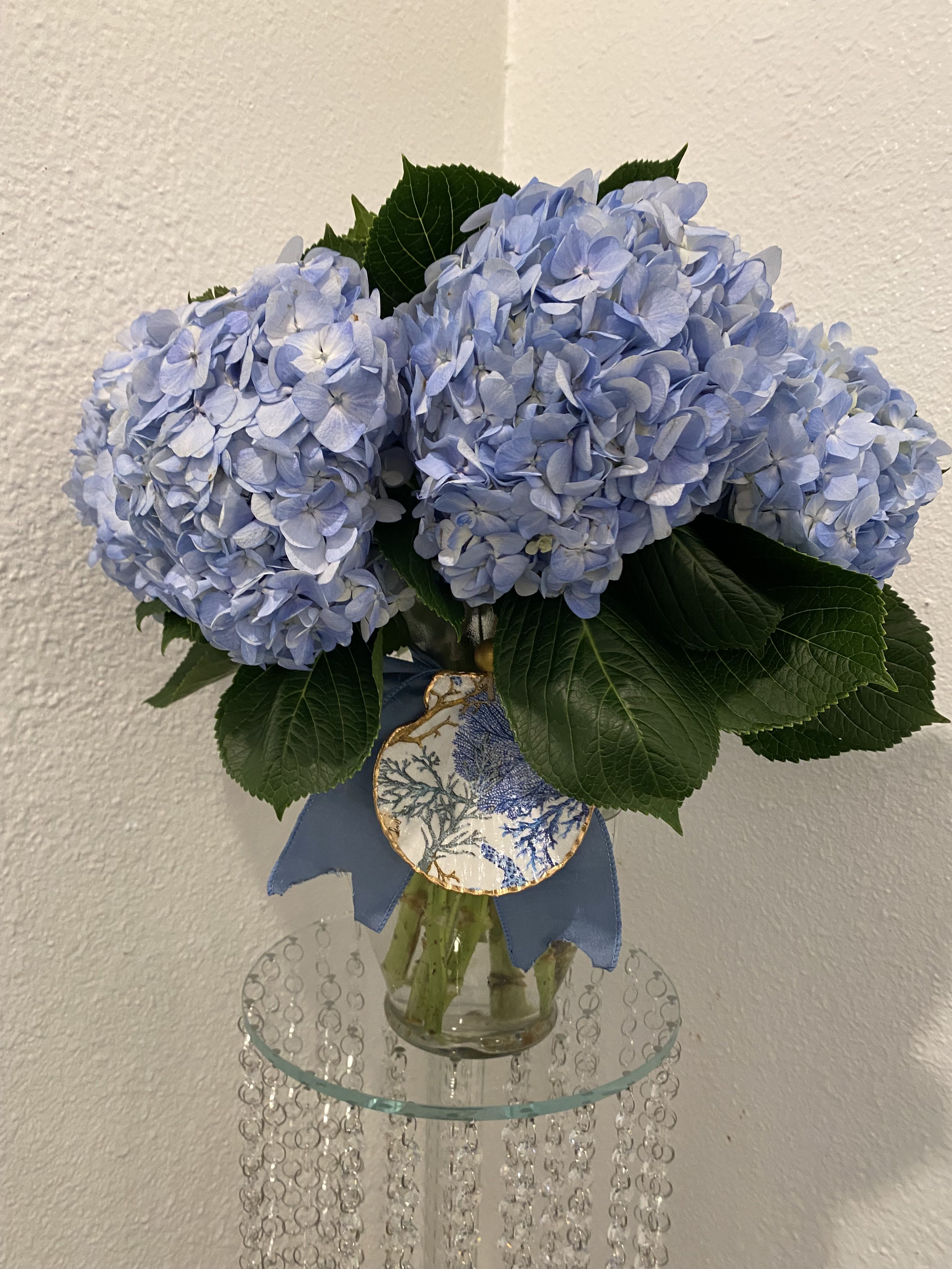 Down By The Shore - Pale blue hydrangeas take center stage in this Down By The Shore flower arrangement, their cloud-like clusters creating a soft, airy statement perfect for a birthday bouquet, everyday gift, or a thoughtful thank-you arrangement. A blue ribbon tied at the neck and a decorative sea themed decoupaged shell add a polished, seaside-inspired touch that complements the arrangement's cool tones. A compact, rounded composition of full hydrangea heads is framed by large, dark green leaves and gathered neatly in a clear glass vase. Its lush, abundant presence fits well on a bedside table, desk, or entry console; minimal care-fresh water and a cool spot away from direct sun-keeps the blooms looking their best.