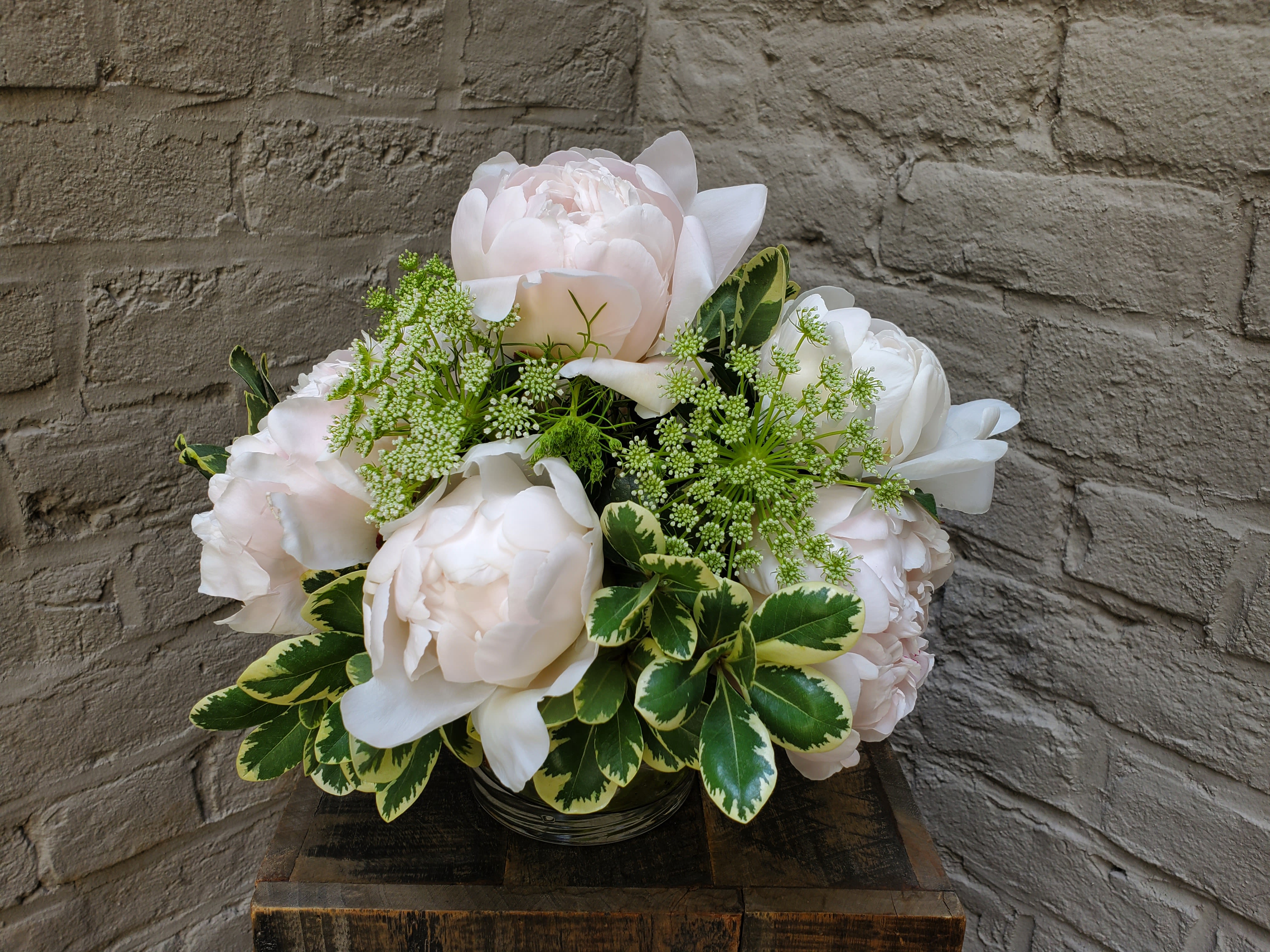 White peonies arranged in a low glass bowl with green-and-cream foliage
