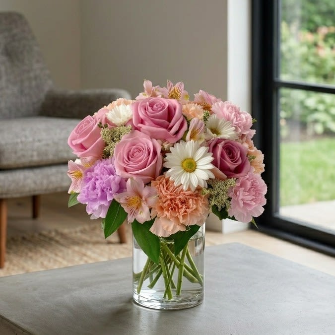 Petal Harmony - A delightful medley of peach, lavender, and blush blooms come together in a perfect balance of color and texture. Soft roses, cheerful daisies, and lively carnations are accented with alstroemeria and yarrow, creating a joyful, garden-fresh display that brightens any space.