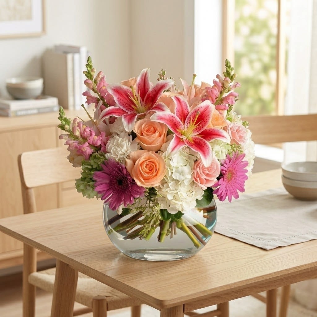Radiance for Mom - A joyful burst of color and fragrance, this Mother’s Day bouquet celebrates her with a symphony of blooms. Warm coral roses and soft blush spray roses mingle with the playful pop of fuchsia gerbera daisies, while lush white hydrangeas bring a grounding elegance. Pink oriental lilies open in graceful arcs, complemented by clusters of purple stock and lilac-hued blooms for a touch of serenity. This design is finished with delicate sprays of pink waxflower, creating a lush, garden-fresh arrangement that mirrors the beauty and love she shares every day.
