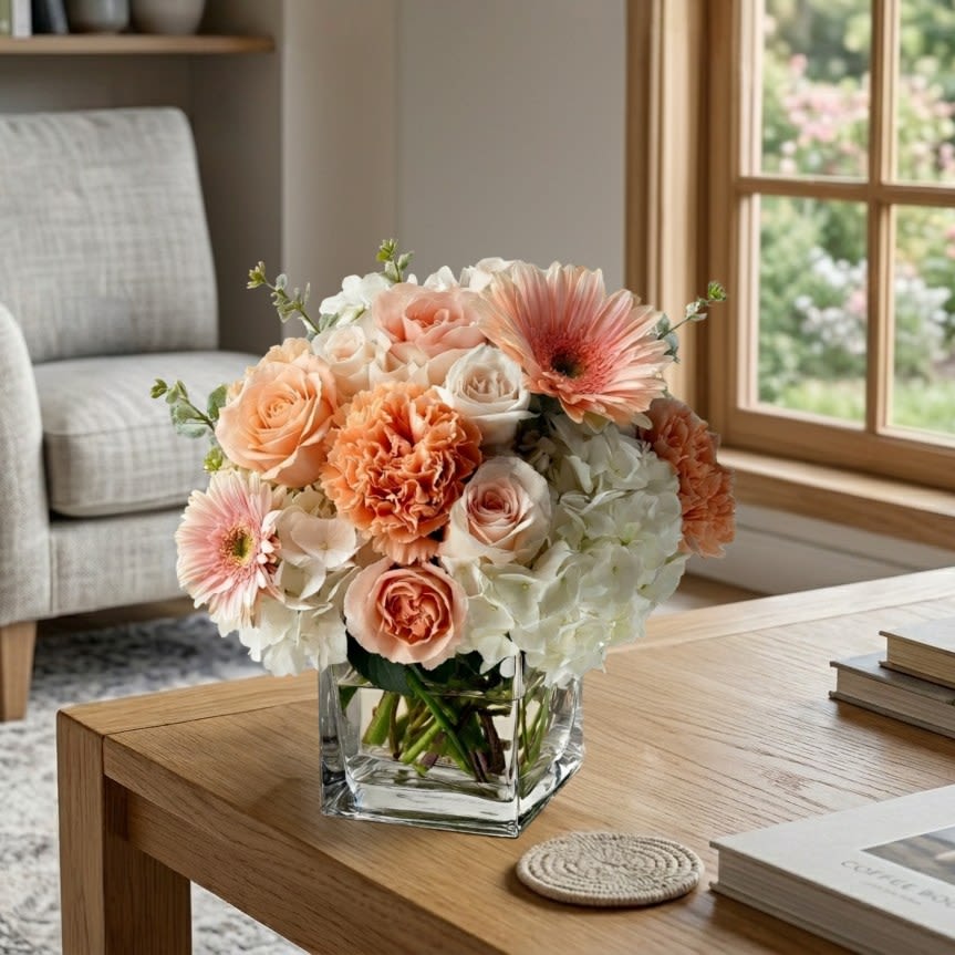 Apricot Glow - Give Mom a radiant reminder of your love with this uplifting mix of blooms. Soft white hydrangeas provide a plush foundation for clusters of peach carnations and creamy roses, while blush-toned gerbera daisies add a cheerful elegance. Arranged in a sleek square glass vase, this design pairs modern style with a warm, heartfelt palette—perfect for celebrating the woman who brightens every day.