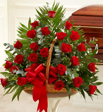 Sincerest Sympathies Fireside Basket - Red - Product ID: 91218   Send a message of sympathy, love and hope with this basket of red roses. Our florists create this special sympathy arrangement in a fireside basket with two dozen premium long-stem roses Accented with crisp greenery Usually sent by family members, friends or business associates Delivered directly to the funeral home Due to the urgency of the occasion, our florists use only the freshest flowers available so varieties and colors may vary Measures approximately 28âH x 30âW