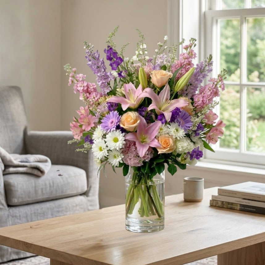 Graceful Blooms for Mom - This elegant Mother’s Day bouquet blends the charm of blush pink lilies, the warmth of soft peach roses, and the cheerful glow of lavender and white daisies. Delphinium and stock add height and texture, while lush hydrangea and delicate filler blooms create fullness and grace. Designed in a tall glass vase, it’s a heartfelt expression of love and gratitude, perfect for celebrating the most important woman in your life.
