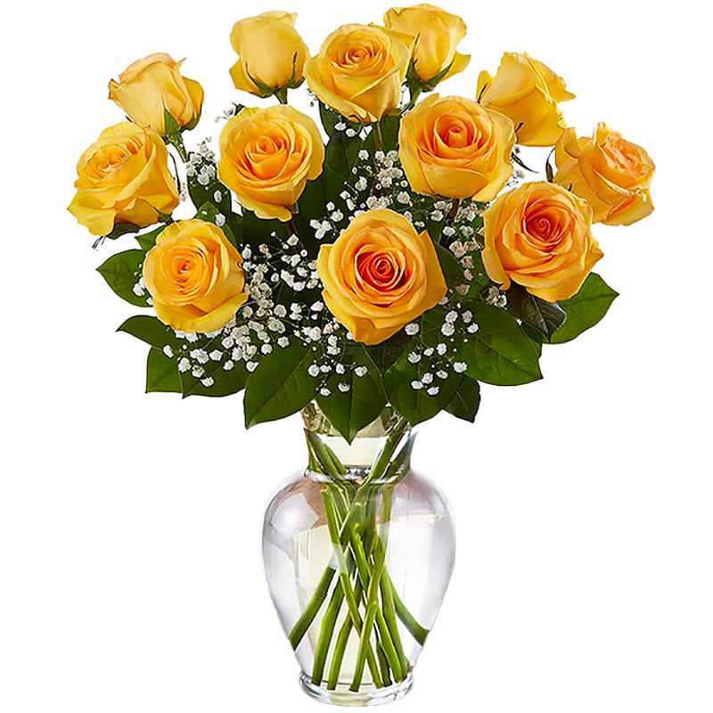 1 Dozen Long Stem Yellow Roses - Bright, cheerful, and full of warmth, this beautiful arrangement of one dozen long stem yellow roses is a joyful way to celebrate friendship, happiness, and meaningful connections. Yellow roses are traditionally associated with optimism, appreciation, and positive energy, making them a thoughtful and uplifting gift.  Artfully arranged with fresh greenery and delicate filler flowers, this classic rose bouquet is perfect for birthdays, celebrations, Valentine’s Day, or simply bringing a smile to someone’s face. Whether expressing gratitude, friendship, or a sunny expression of love, these long stem yellow roses deliver beauty and happiness in every bloom.
