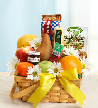Fruit &amp; Gourmet Basket for Sympathy - Product ID: 91496  Reach out to family members and friends to express your caring thoughts and concern with our sympathy fruit and gourmet tower. Comforting basket of orchard-fresh fruit and gourmet snacks includes a generous selection of apples and oranges, grapefruit, pears, sausage, cheese, crackers, cookies and more, accented with fresh daisies Selected and arranged by our expert florists This basket is meant to be sent to the home of friends or family members and cannot be delivered to the funeral home Large basket measures approximately 11"H x 9"W Small basket measures approximately 9.25"H x 8"W Fruit and snack assortment, floral and basket may vary due to local availability