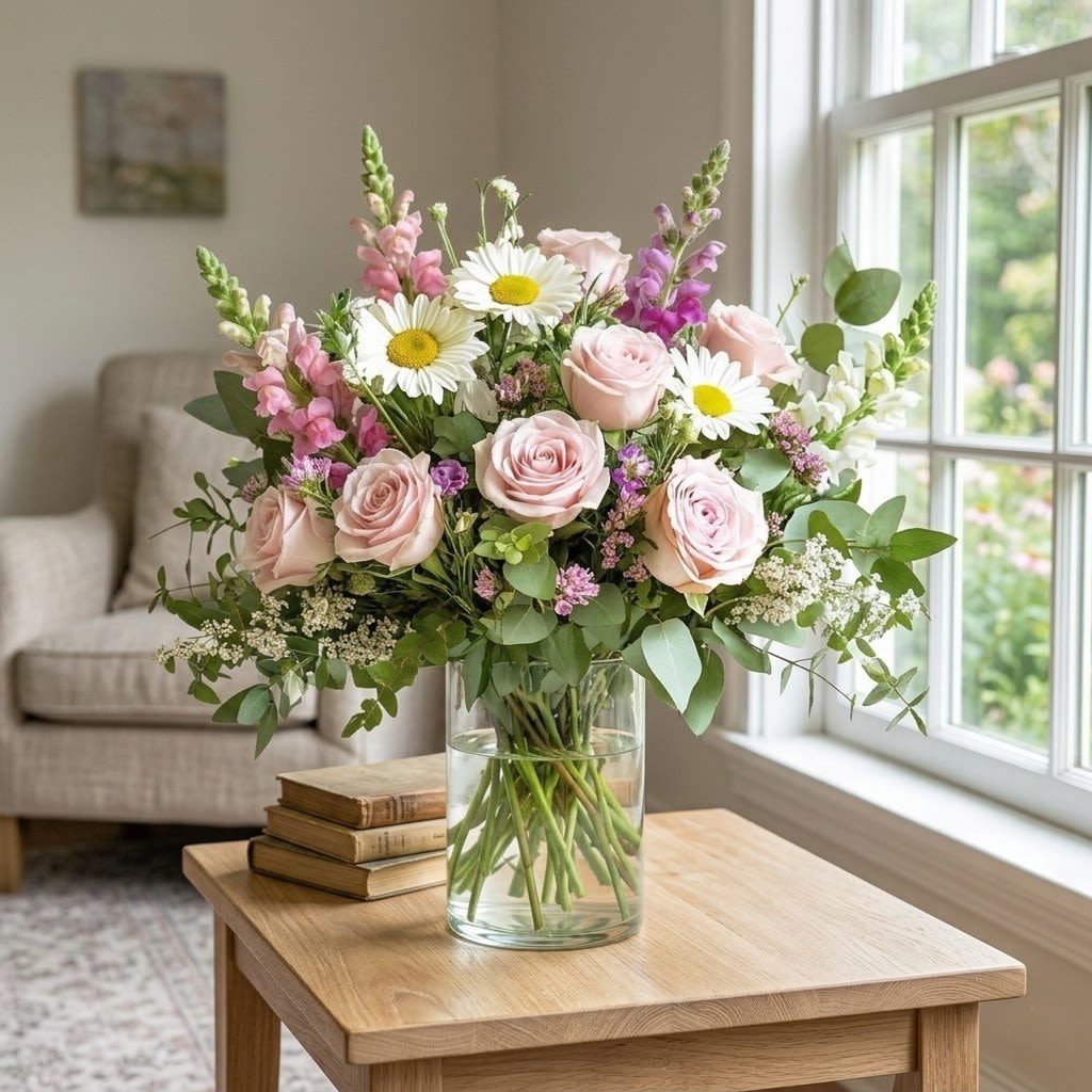 Daisy Dreams - Classic white daisies and elegant pink roses come together in this bright and cheerful bouquet, enhanced by lush greenery and delicate wildflowers.