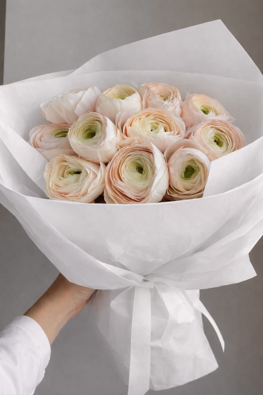 Bouquet of pale peach ranunculus wrapped in white paper