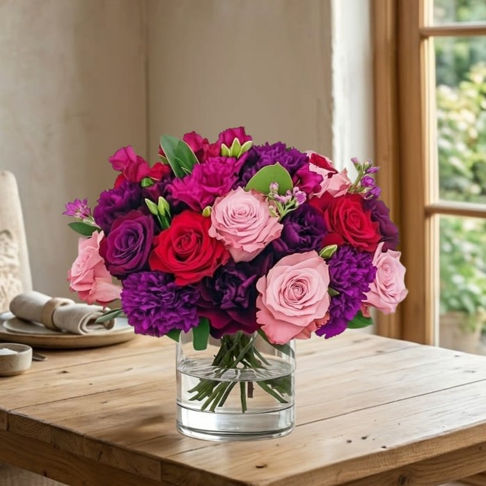 Royal Romance - A stunning arrangement of vibrant roses and carnations in rich hues, creating a lush and elegant centerpiece.