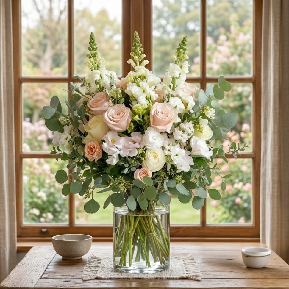 Garden Bliss - A refined and delicate blend of soft ivory, blush, and peach blooms, this bouquet exudes effortless elegance and charm—perfect for any special moment