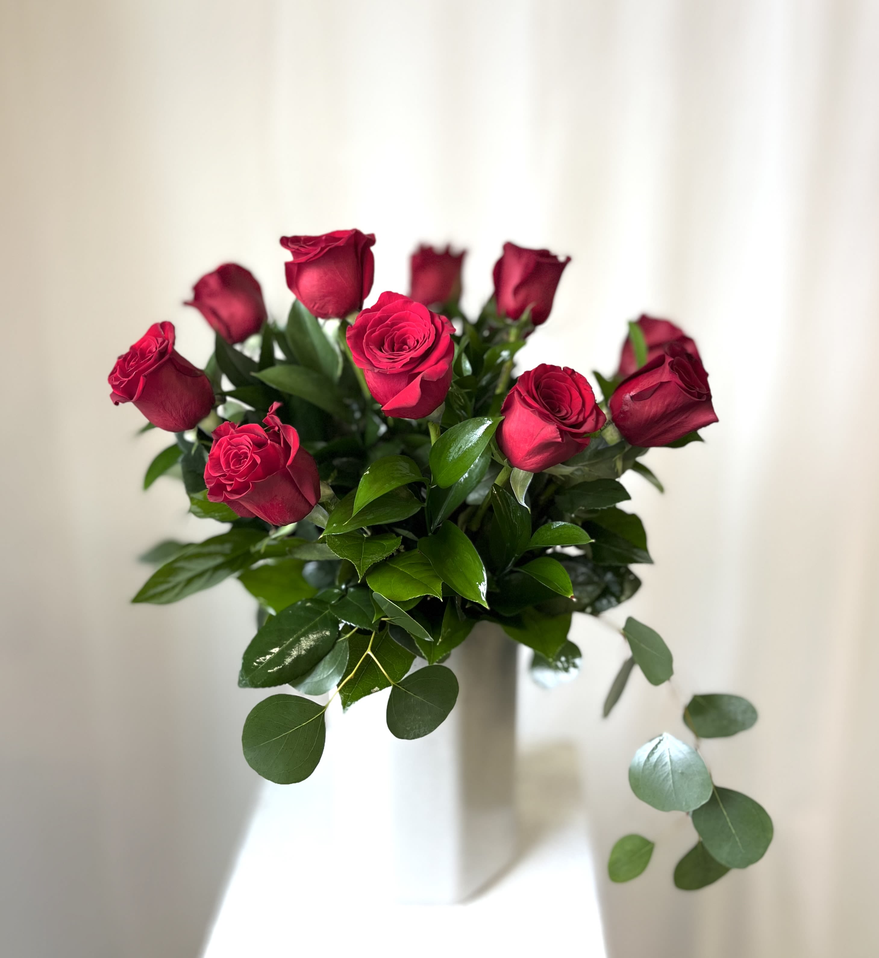 Bouquet of red roses with glossy greenery in a white vase