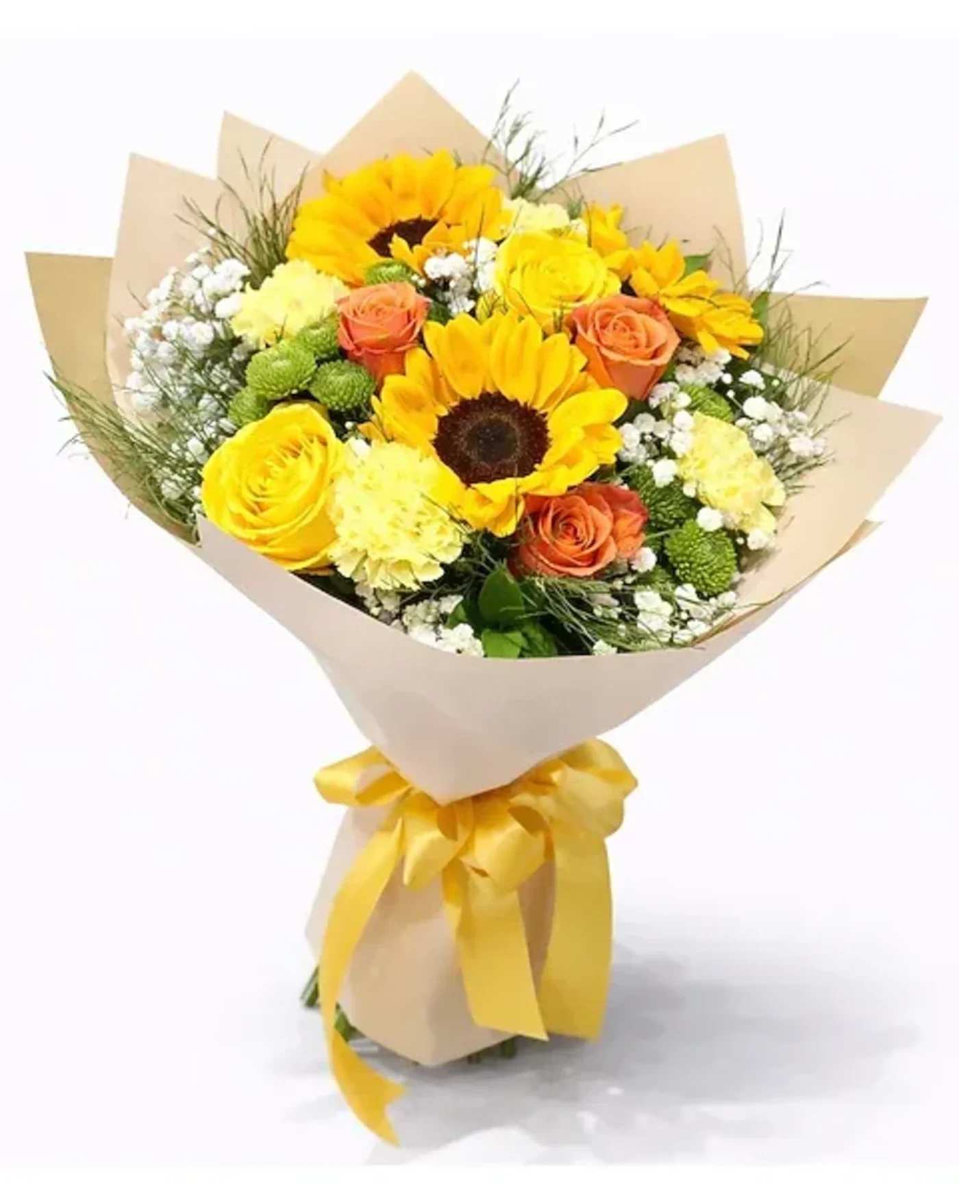 Sunshine wrapped Bouque  - The Sunshine Charm Bouquet Featuring radiant sunflowers at the center, surrounded by yellow and orange roses, soft carnations, and fresh green. Wrapped in elegant paper and tied with ribbons, this cheerful arrangement radiates warmth and positivity, making it a delightful gift for brightening someone's day.